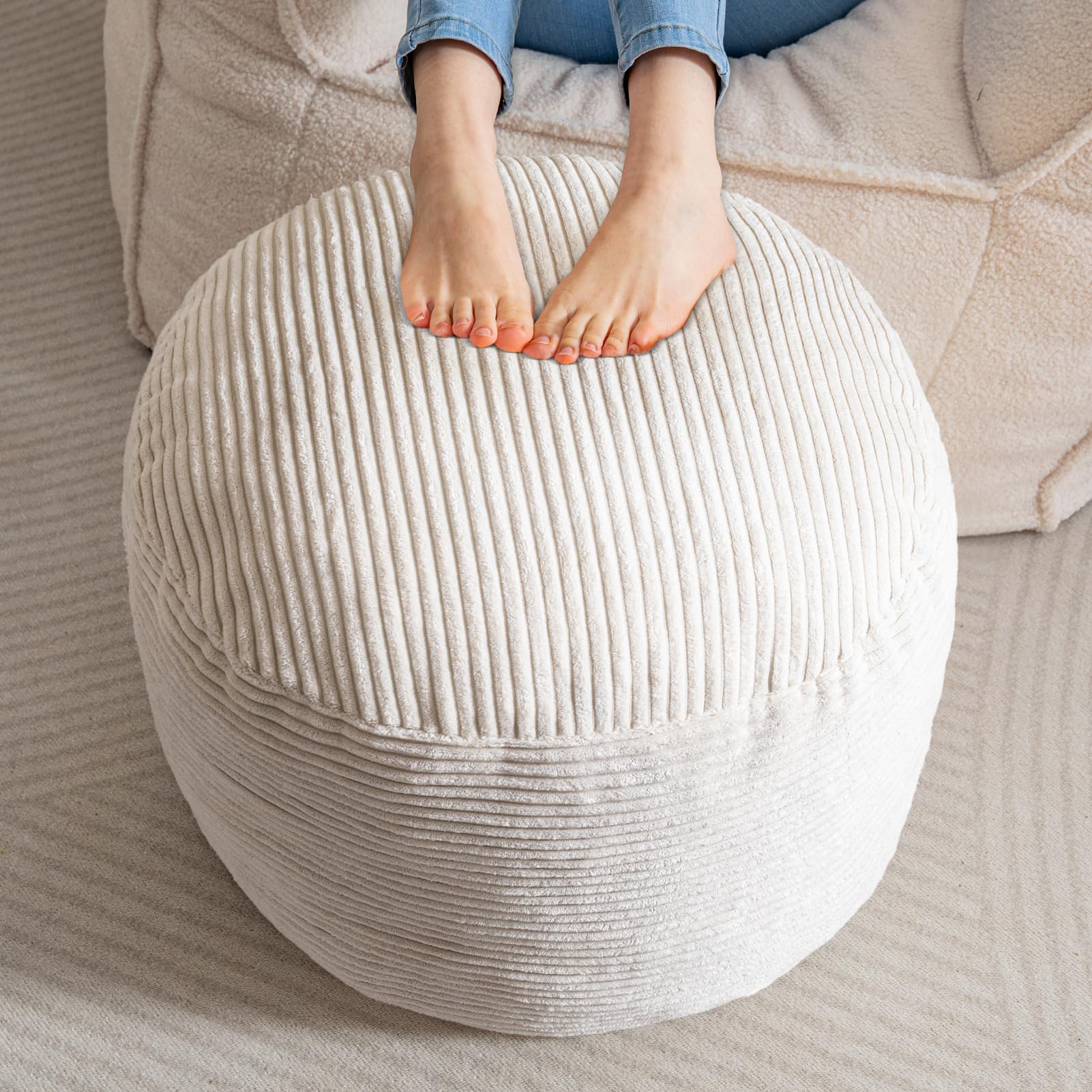 MAXYOYO Round Stuffed Pouf Ottoman - Corduroy Foam Filled Footrest, 20 x 15 Inches, Beige - Perfect for Living Room, Bedroom & Nursery Decor