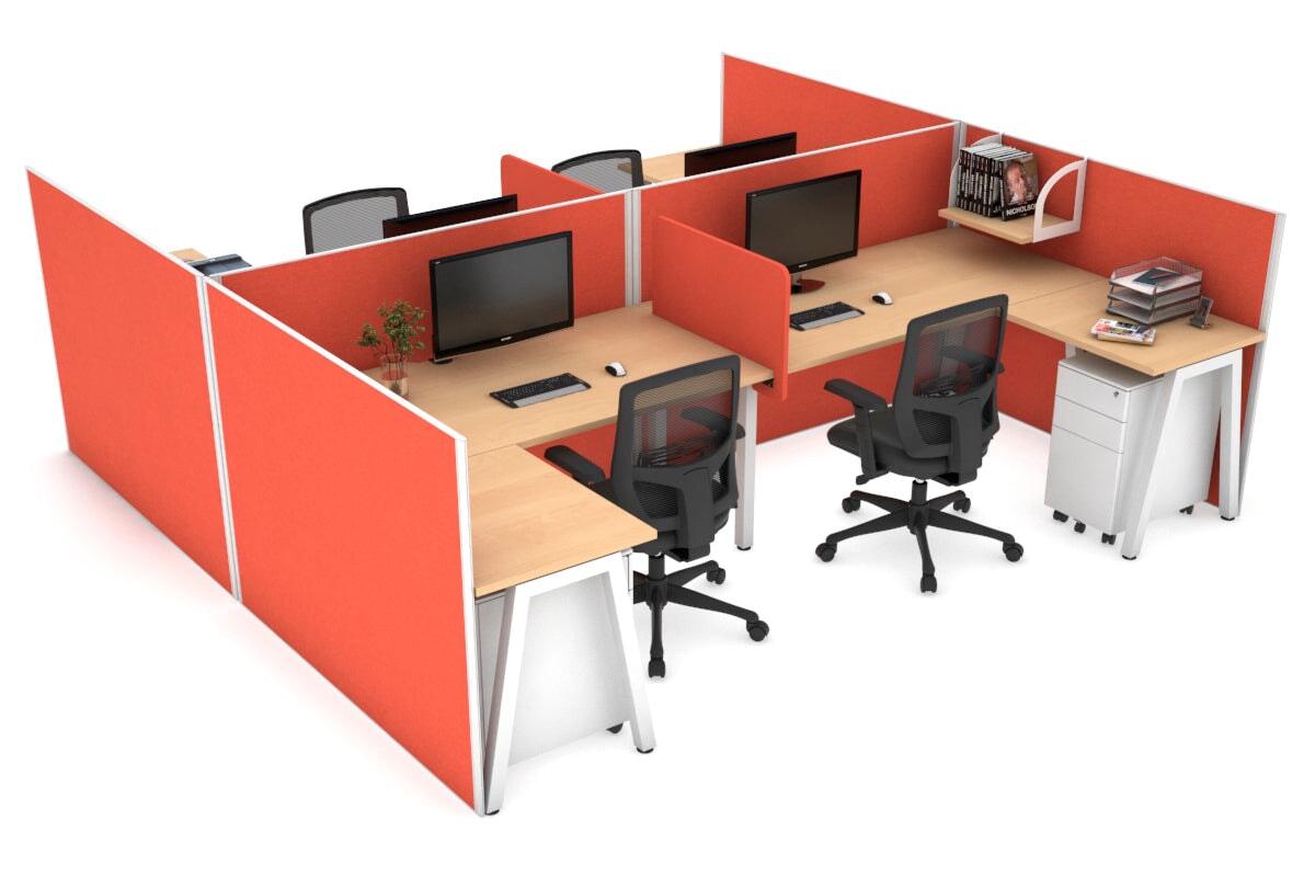 Quadro A Legs 4-Person Corner Workstation | H-Shaped Office Desk Configuration | White Frame (1400L x 1800W) with Cable Management | Perfect for Open Office Layouts & Collaborative Workspaces