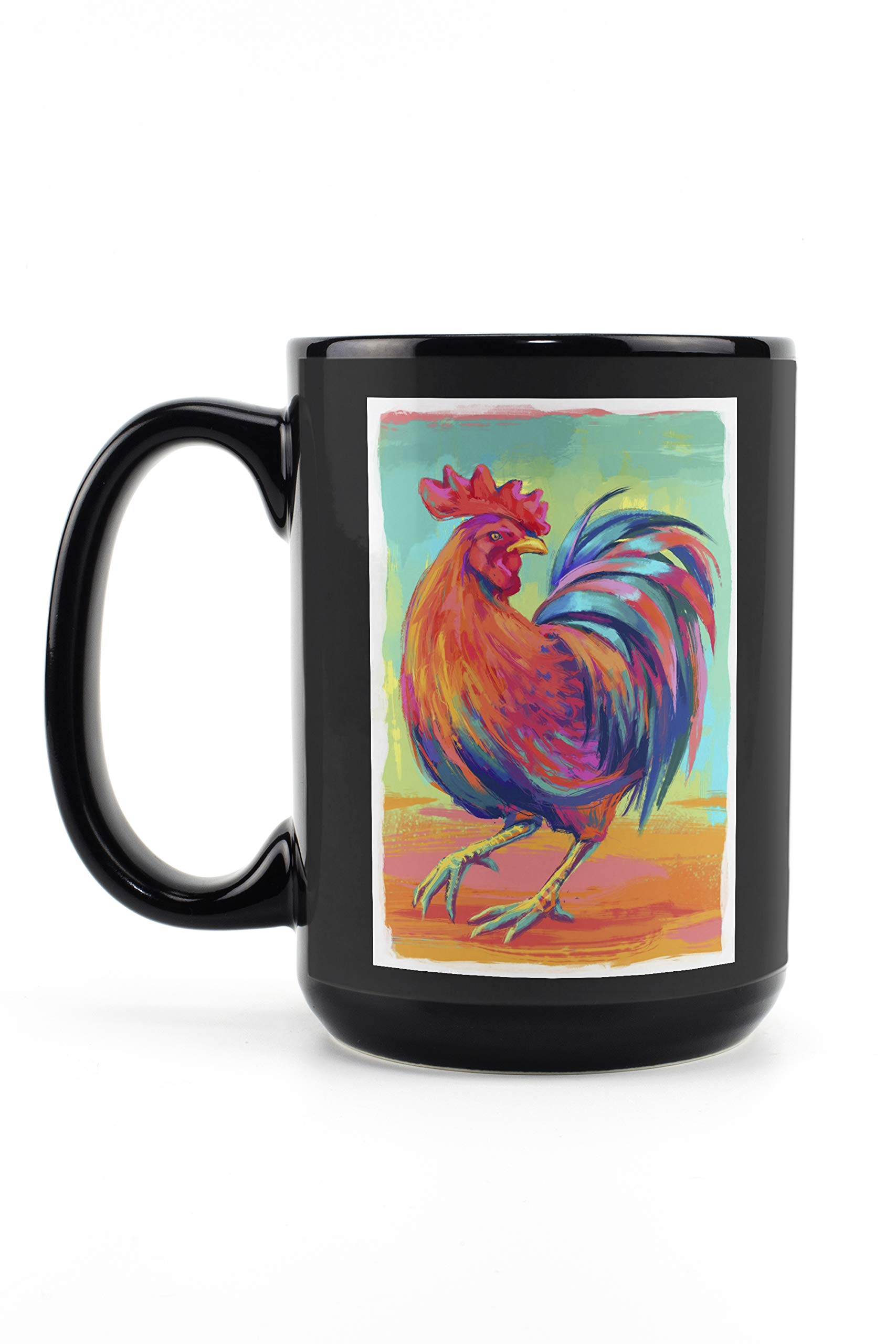 Lantern Press Rooster Design 15oz Black Ceramic Coffee Mug - Microwave & Dishwasher Safe - Perfect for Tea, Coffee & Hot Beverages at Home or Office