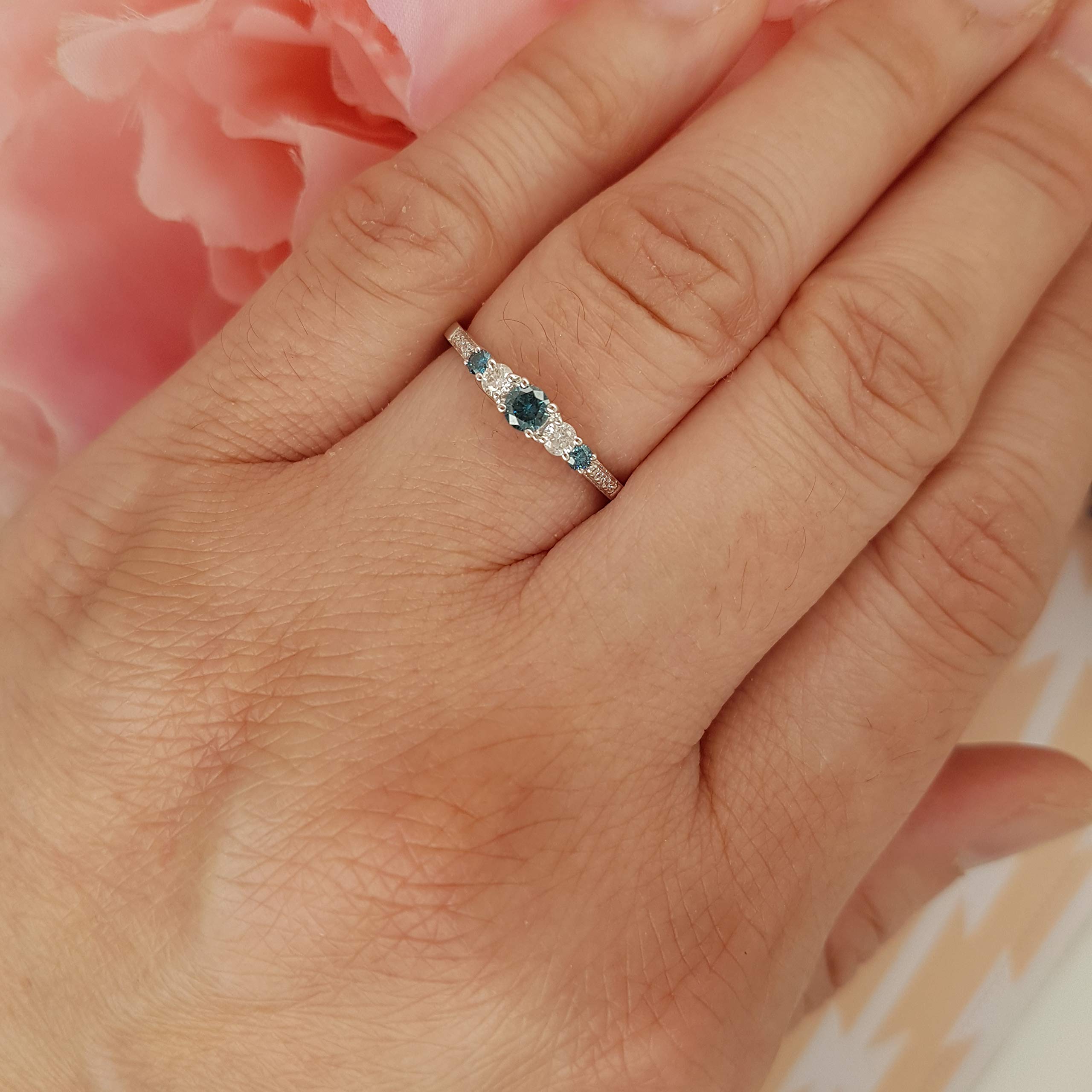 0.35 Cttw Round Blue & White Diamond 5-Stone Engagement Ring for Women in Solid 14K Gold - Elegant Wedding, Proposal & Anniversary Gift