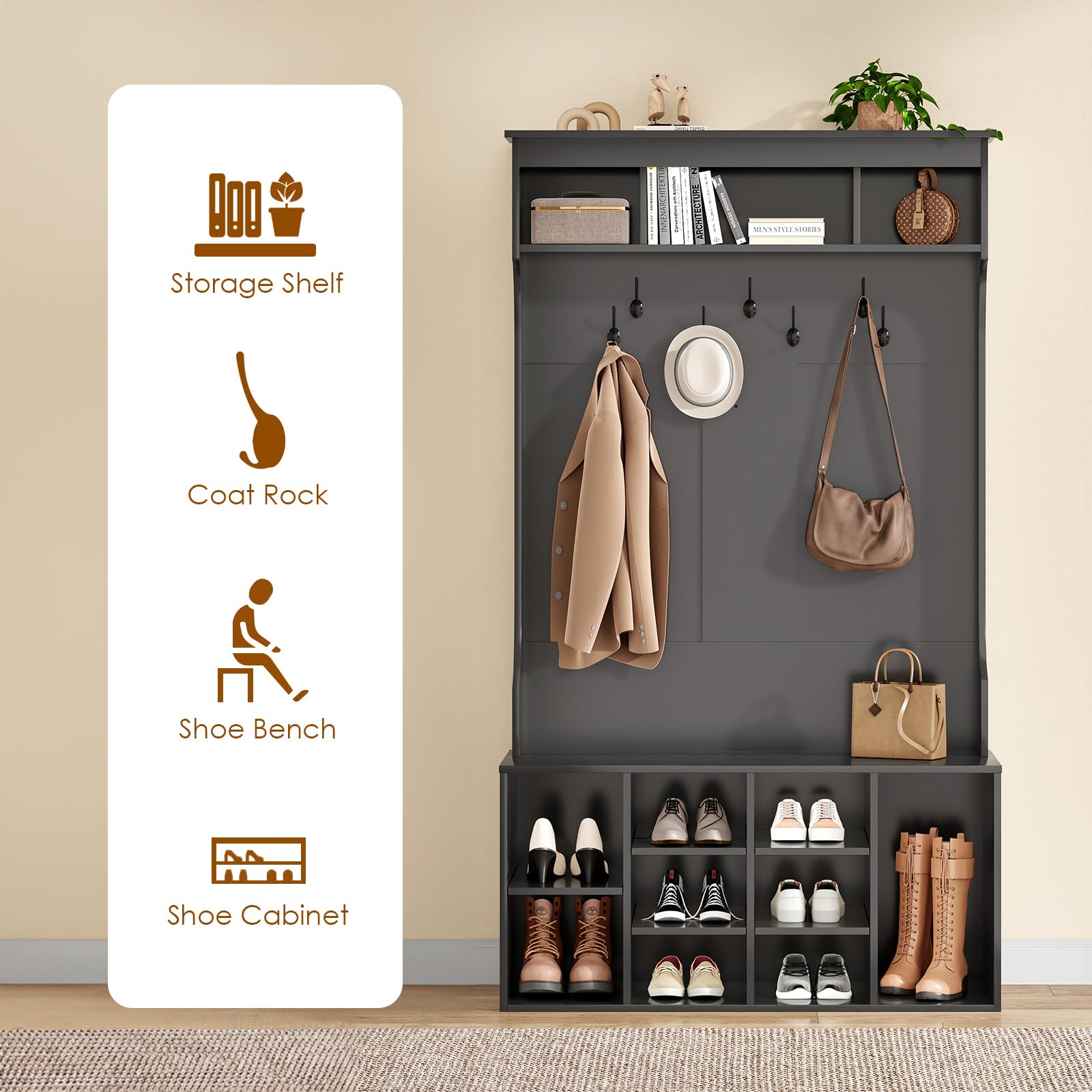 Soohow 70.9 Inches Freestanding Hall Tree with Bench & Shoe Storage - Entryway Organizer with 7 Coat Hooks, Adjustable Mudroom Bench - Perfect for Entryway, Foyer, Mudroom & Home Organization (Black)