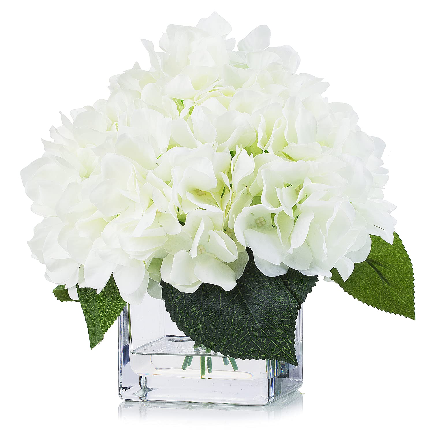 Enova Home Artificial Hydrangea Flowers Arrangement in Cube Glass Vase - Cream Silk Hydrangeas for Wedding Centerpiece, Home Decor, Office & Table Decoration