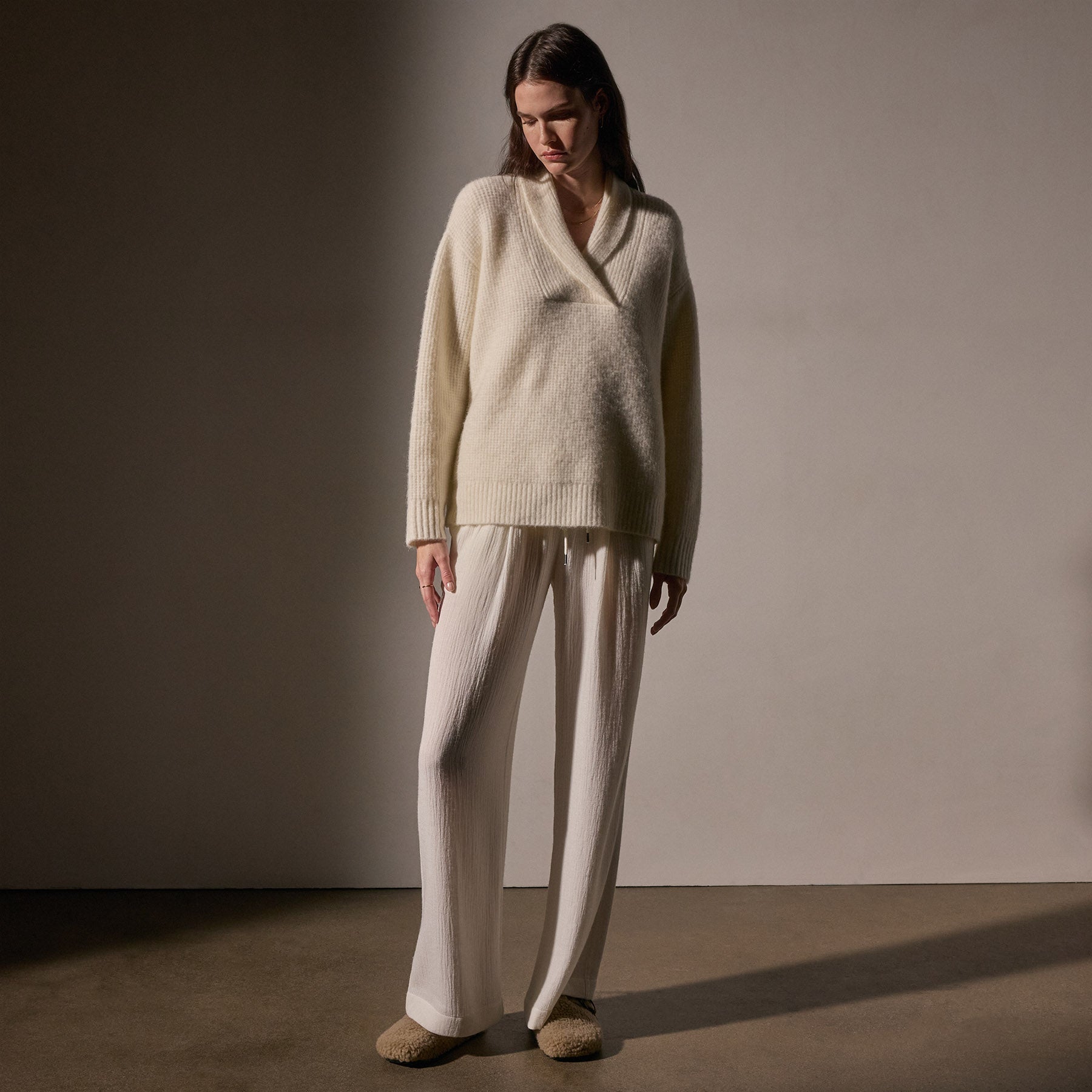 Cozy Waffle Knit Shawl Collar Sweater for Women - Ivory Soft Winter Pullover | Perfect for Casual Outfits, Office Wear & Holiday Season