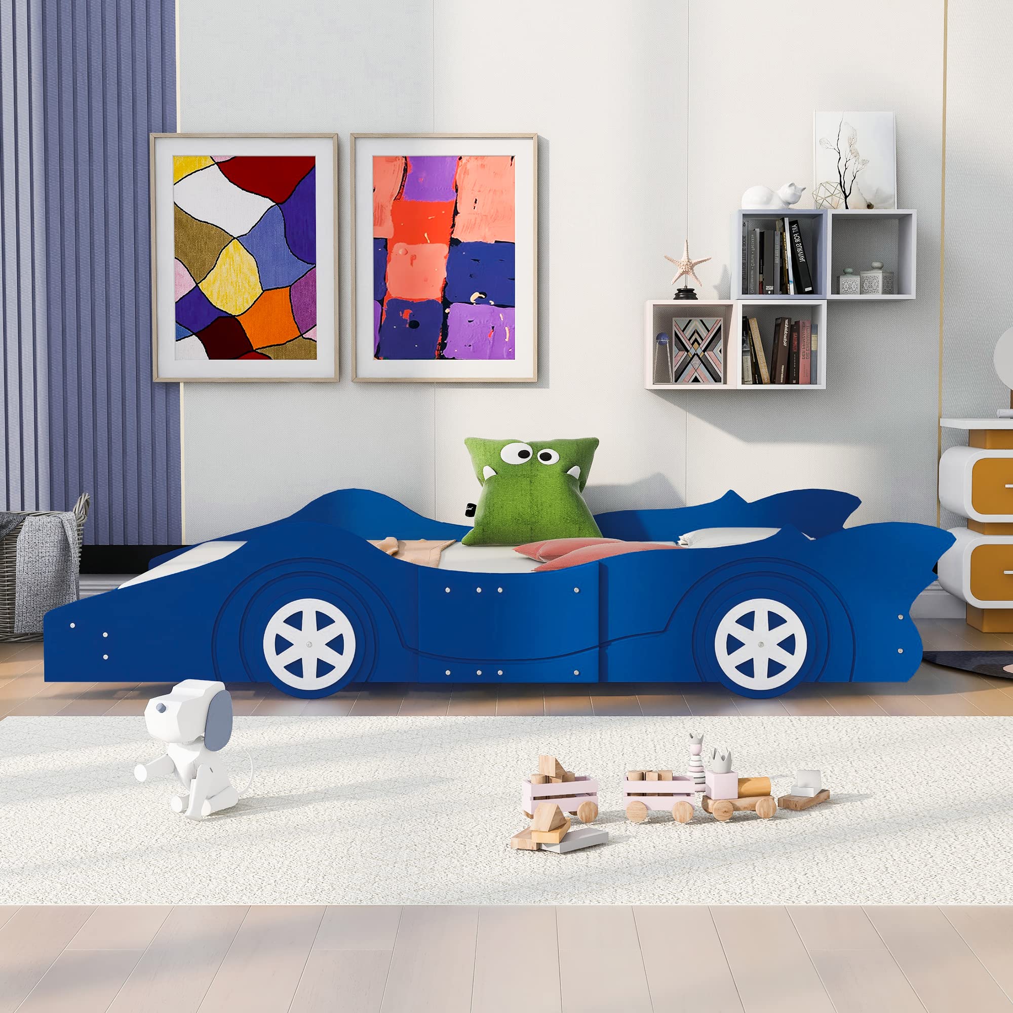 Full Size Race Car Bed for Boys - Wooden Car-Shaped Bed Frame with Wheels & Slat Support - Blue Kids Bedroom Furniture for Playrooms & Sleepovers
