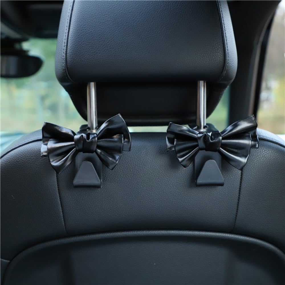 2 Pack Black Car Purse Hooks with Cute Bow Design - Heavy Duty Headrest Hanger for Purses, Bags & Groceries - Perfect for Road Trips, Shopping & Daily Commute