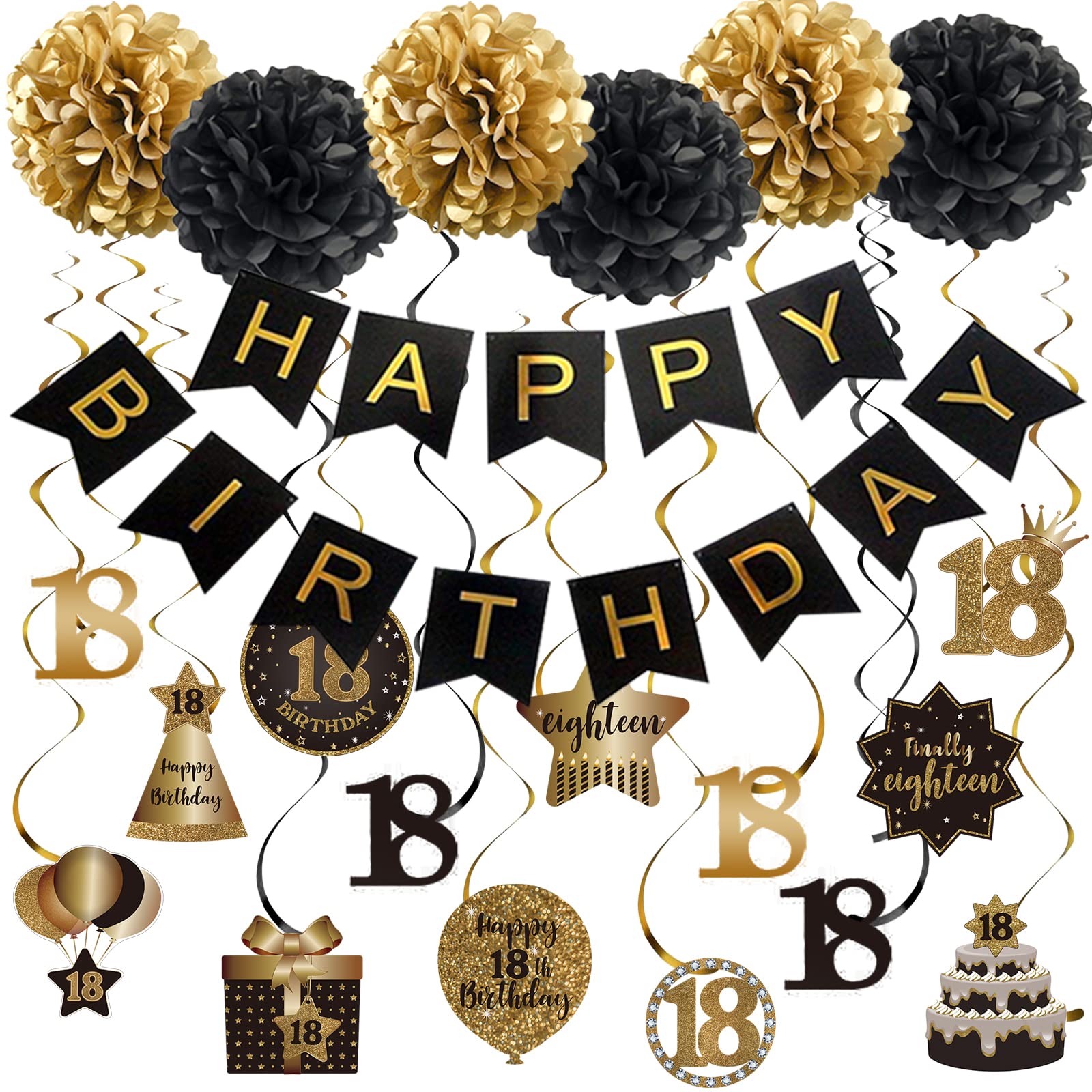 BRT Bearingshui Black & Gold 18th Birthday Party Decorations Set - Hanging Swirl Streamers, Tissue Pom Poms & Banner for 18 Years Old Celebration | Perfect for Birthday Backdrops, Milestone Parties & Adult Birthday Decor