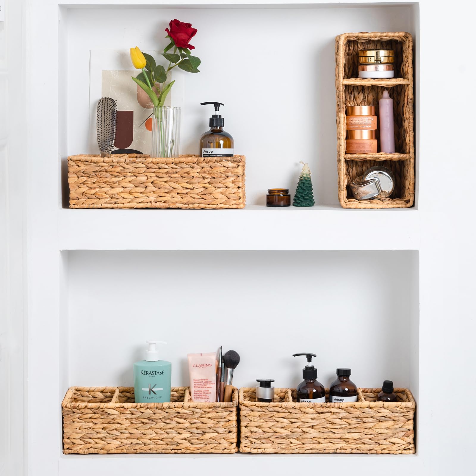 Water Hyacinth Storage Baskets - 2 Pack Woven Toilet Paper Holder & Bathroom Organizer with 3 Sections - Natural Wicker Tank Topper Basket for Bathroom, Bedroom, or Kitchen Storage