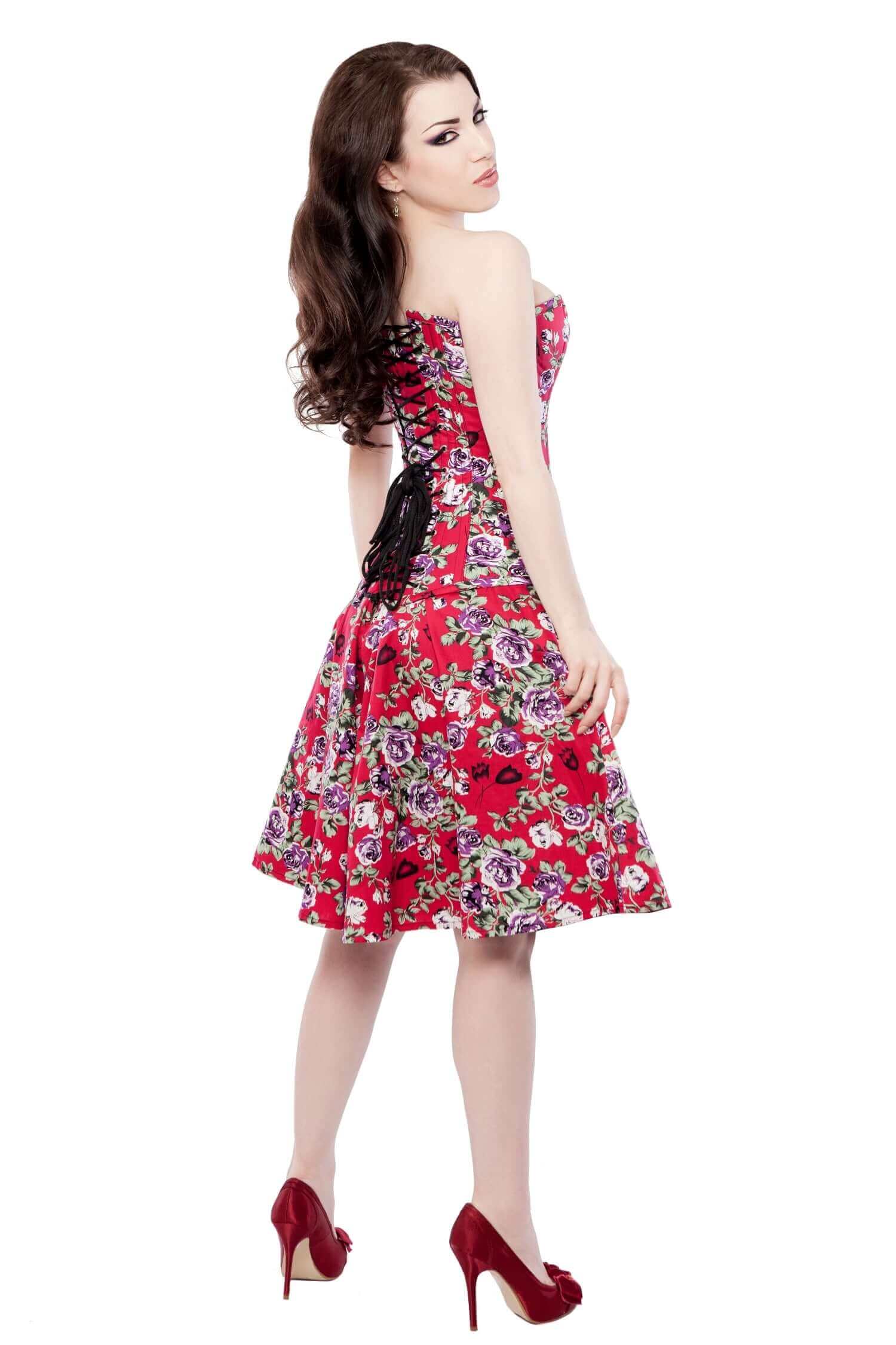 Elegant Red Floral Corset Dress with Long Lace-up Detail - Perfect for Evening Parties, Date Nights & Special Occasions