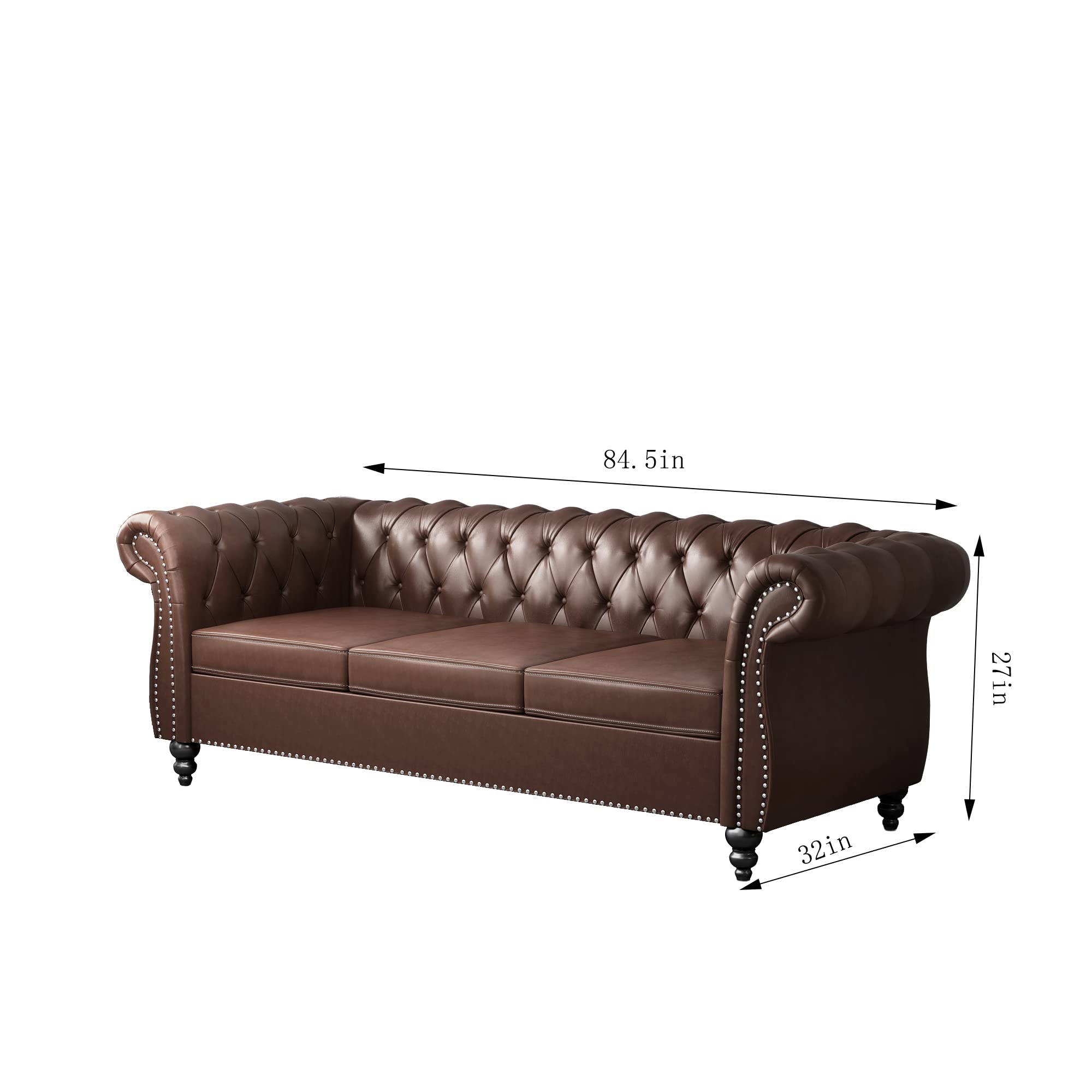 3-Piece Chesterfield Leather Living Room Set - Sofa, Loveseat & Chair with Scroll Arms & Nailhead Trim - Dark Brown - Perfect for Home Office & Elegant Living Spaces