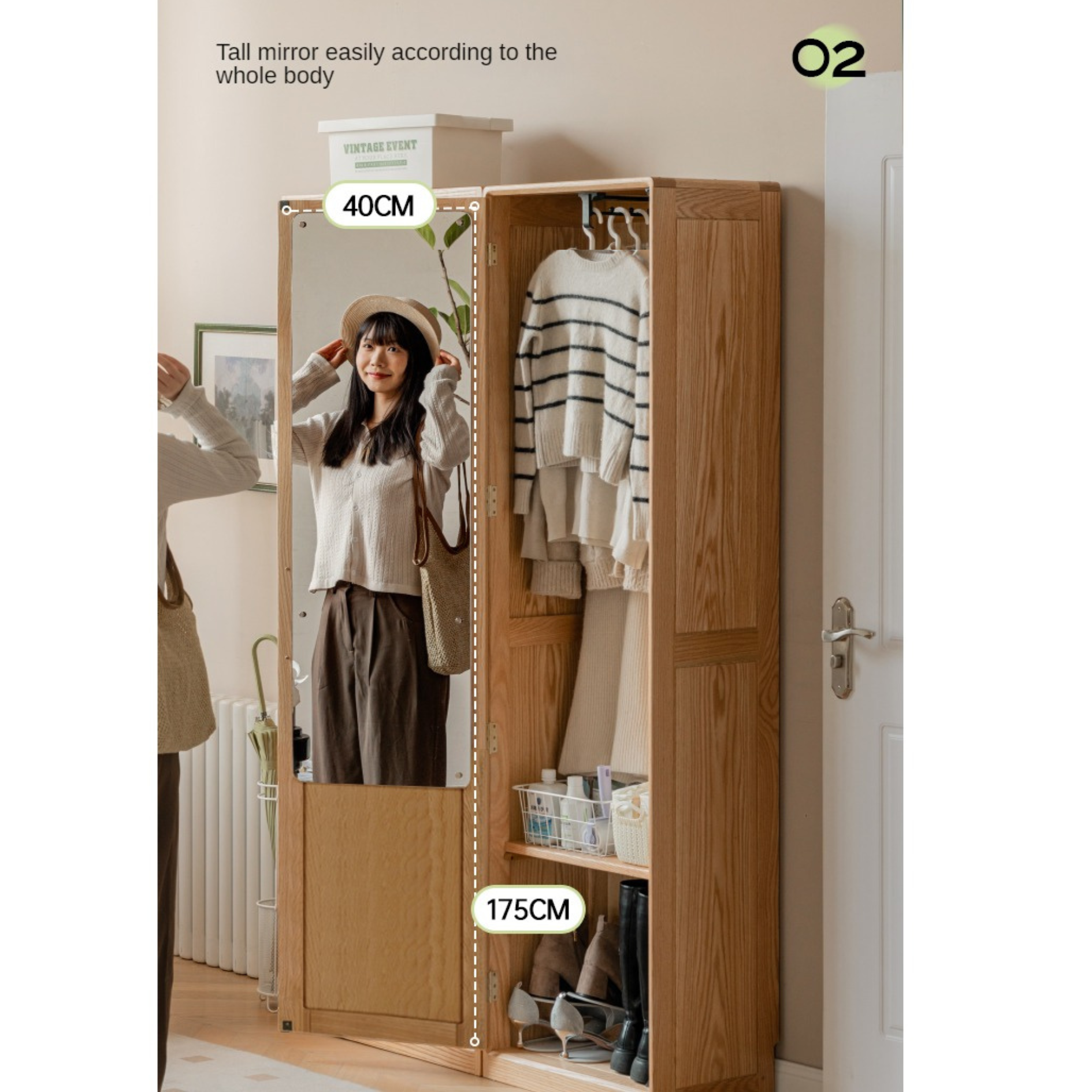 Solid Oak Wood Mirror Entryway Cabinet - Stylish & Durable Hallway Storage with Mirror for Home Decor