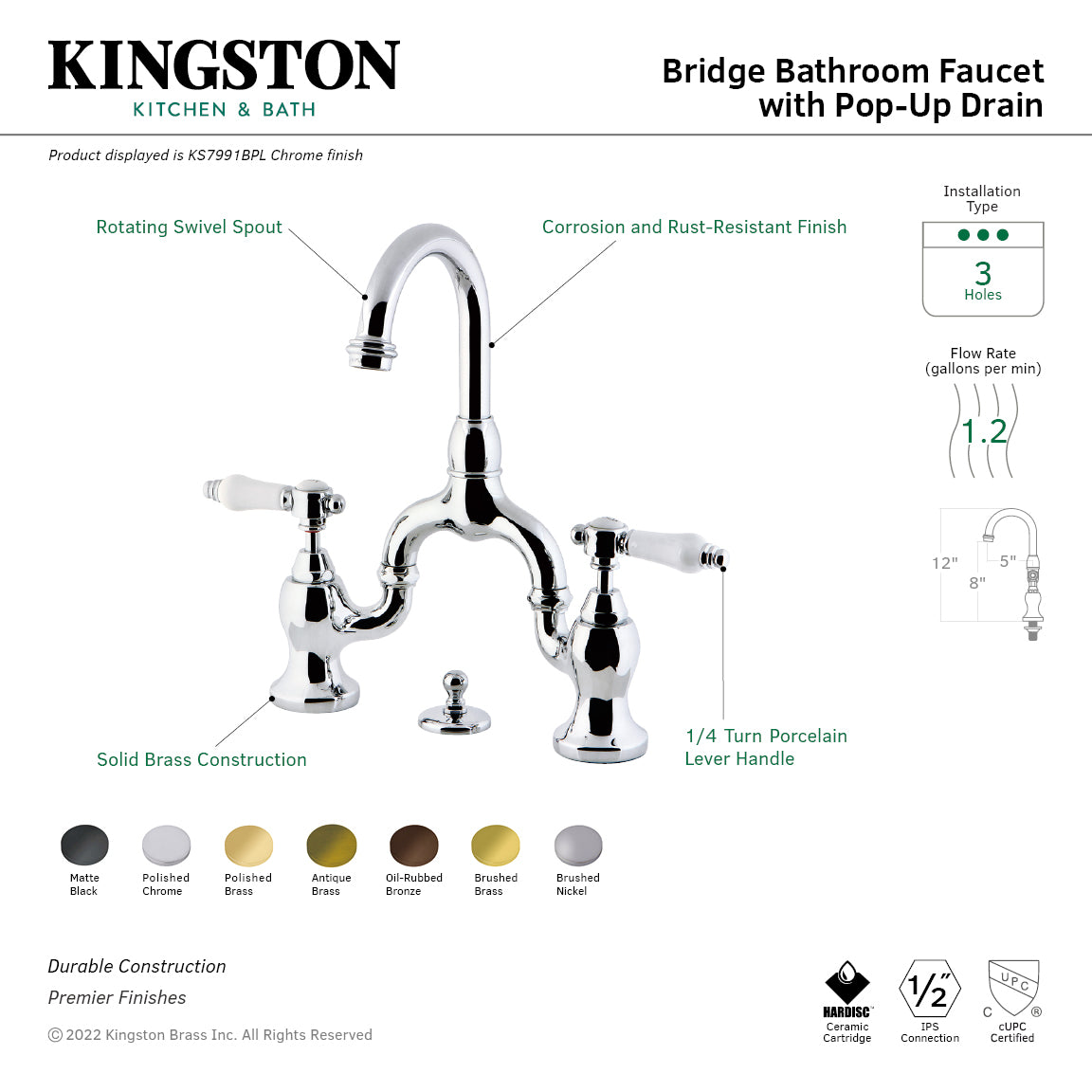 Bel Air KS7992BPL Two Handle 3 Hole Deck Mount Bridge Bathroom Faucet with Brass Pop Up, Polished Brass - Perfect for Modern Bathroom Vanities and Powder Rooms