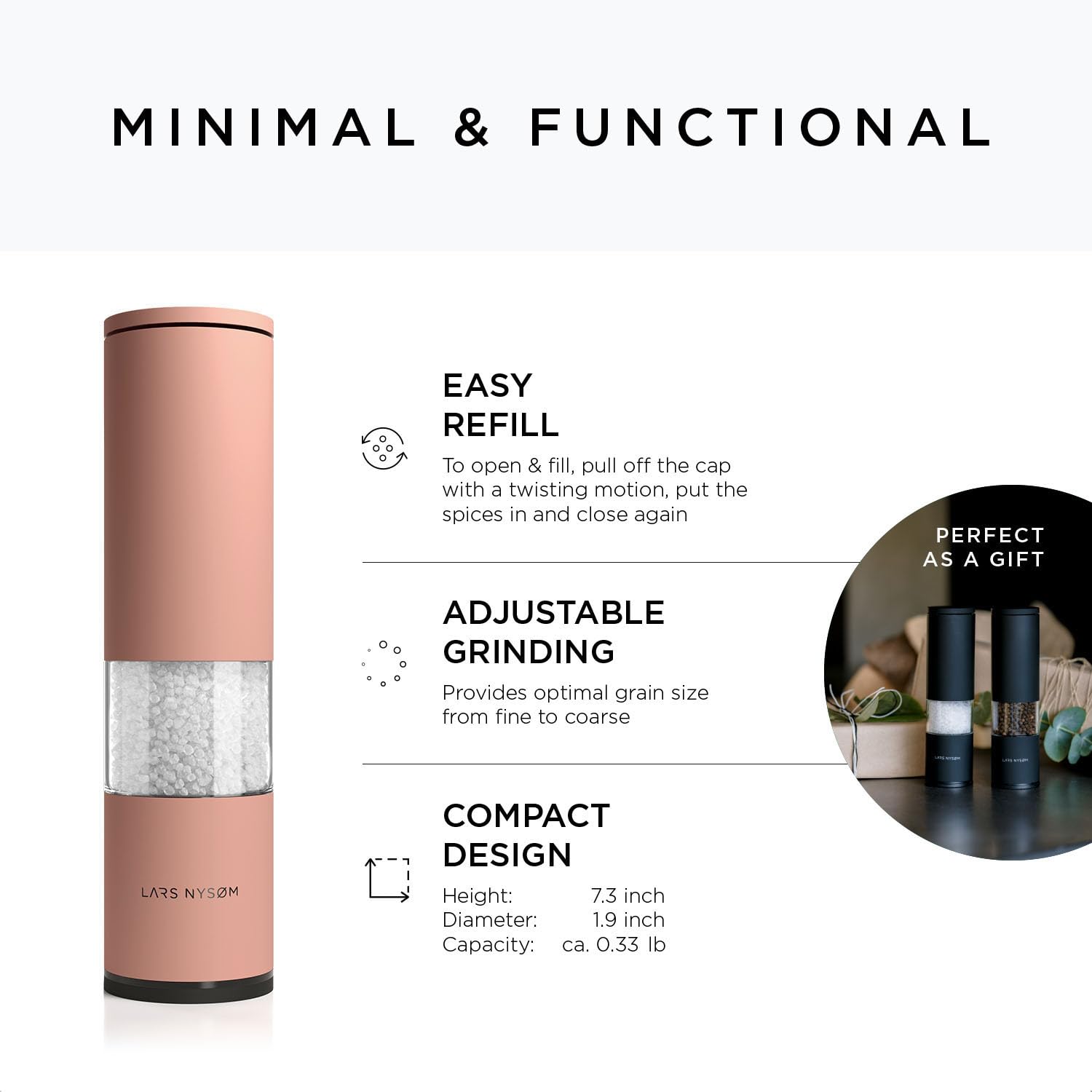 Premium Adjustable Ceramic Salt and Pepper Grinder Set - 2-Piece Manual Mill with Coarse to Fine Settings - Elegant Blush Rose Design for Kitchen, Dining Table & Gourmet Cooking