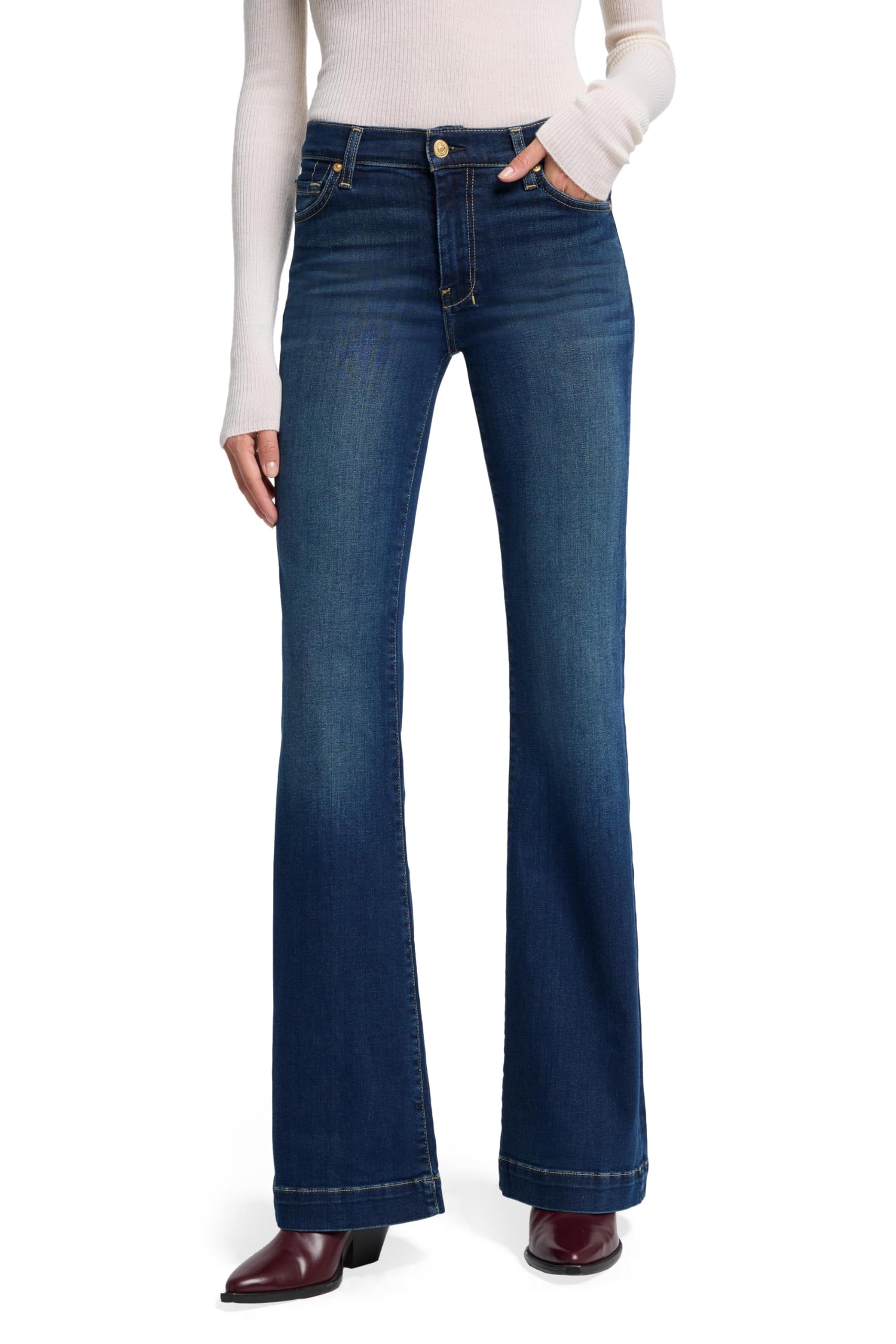 7 For All Mankind Women's Dark Wash Mid Rise Dojo Jeans - Slim Fit Stretch Denim Pants for Casual Wear & Everyday Comfort