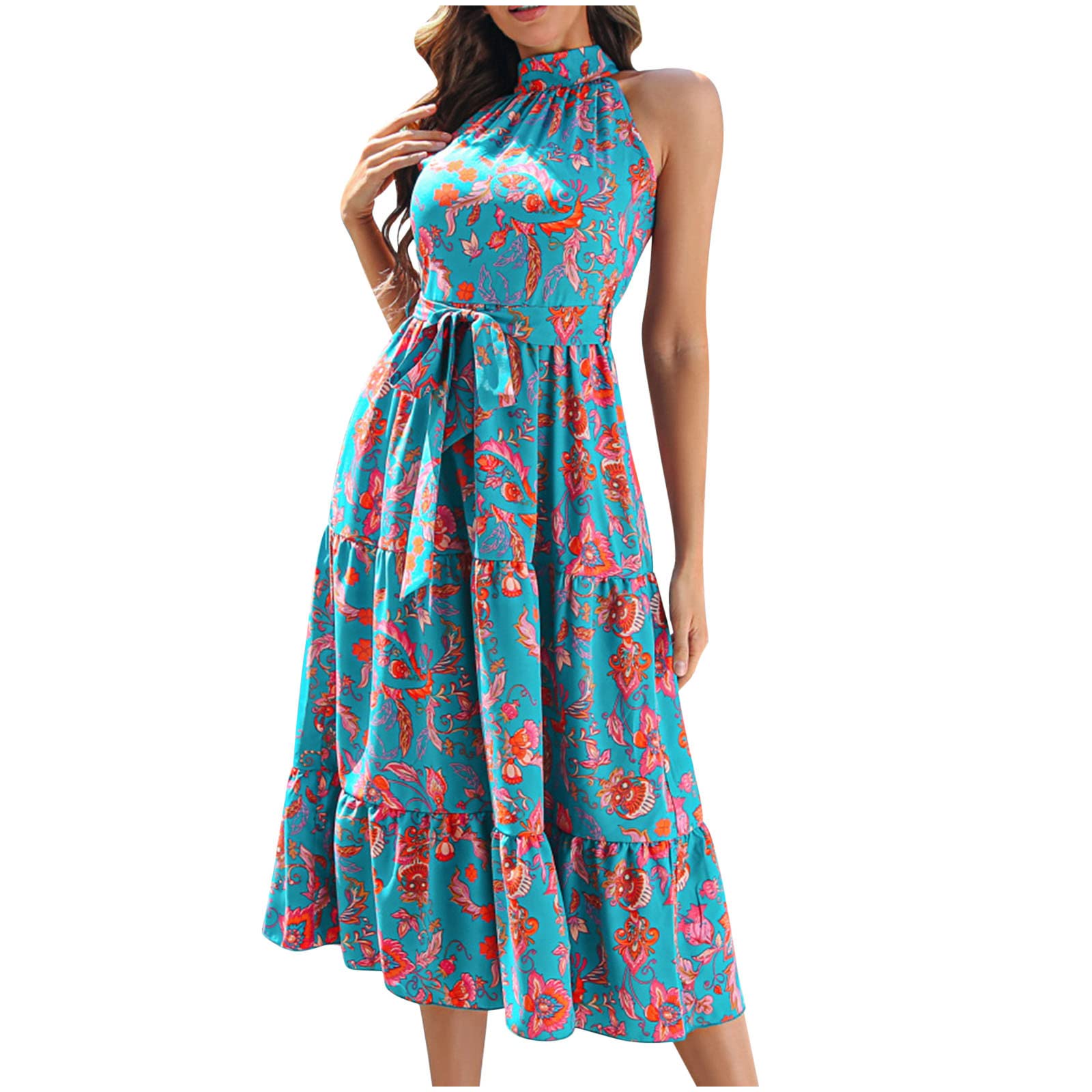 Boho Floral Print Midi Dress for Women - Sexy Sleeveless Wrap Pleated Halter Maxi Dress | Summer Casual Beach Wear, Vacation Outfit, Festival Fashion, Date Night Dress
