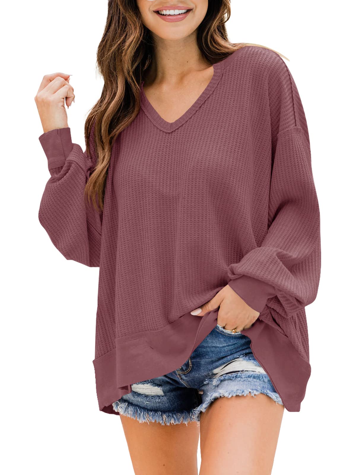 SENSERISE Women's V-Neck Waffle Knit Long Sleeve Pullover Sweater - Oversized Casual Shirt for Fall & Winter | Perfect for Layering, Office Wear, and Cozy Outfits