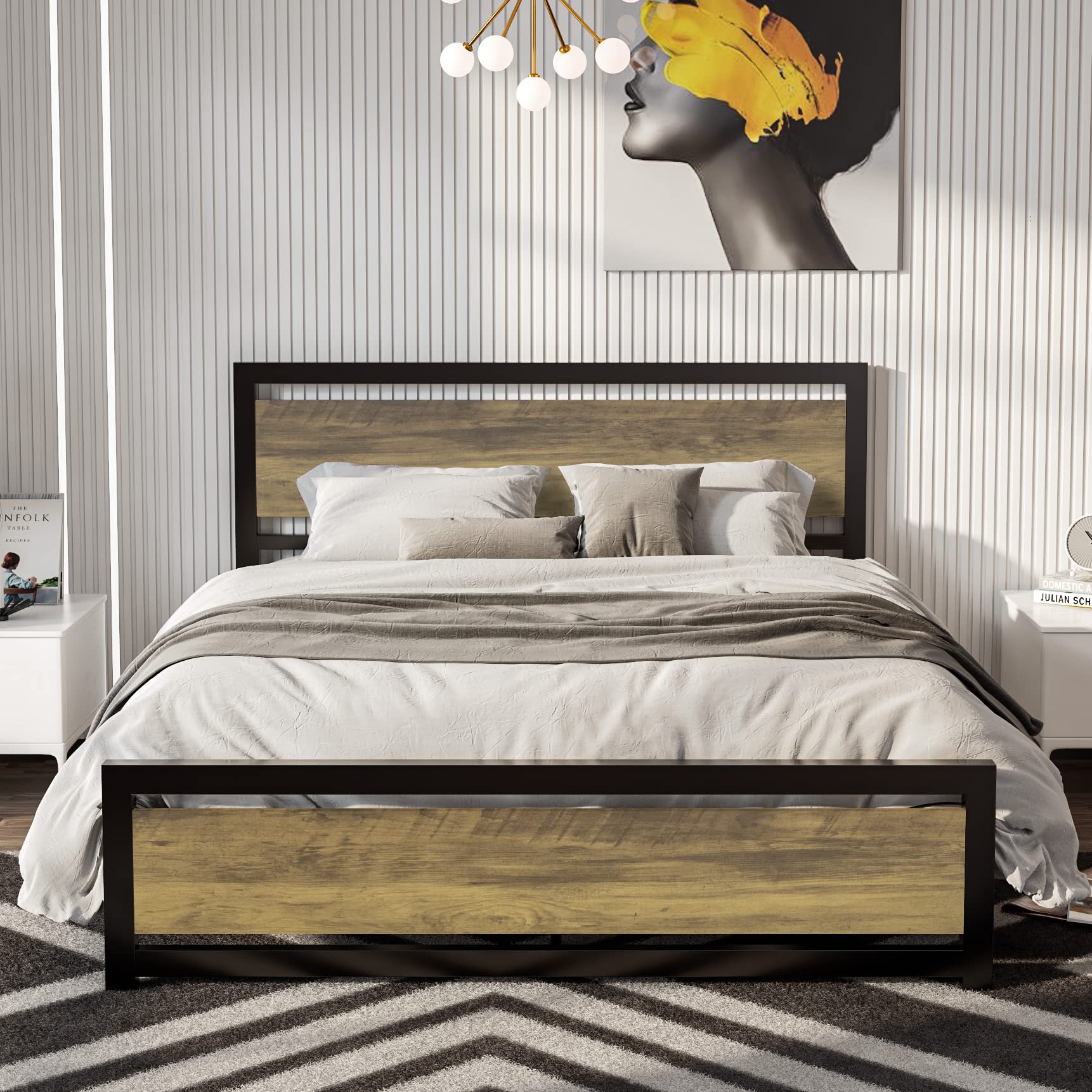 BONN ALLA Queen Size Rustic Wood Platform Bed Frame with Headboard & Footboard - Heavy Duty Solid Wood & Metal Slat Support - No Box Spring Needed - Noise Free - Easy Assembly - Perfect for Bedroom, Guest Room, or Dorm