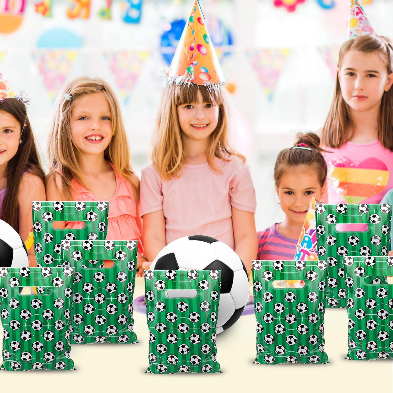 PEUTIER 50pcs Soccer Themed Plastic Party Favor Bags for Snacks, Candy, Treats - Perfect for Team Gifts, Kids Birthday Parties, Sports Events & Game Day Favors - Great for Soccer Tournaments, Youth Sports Awards & Team Celebrations