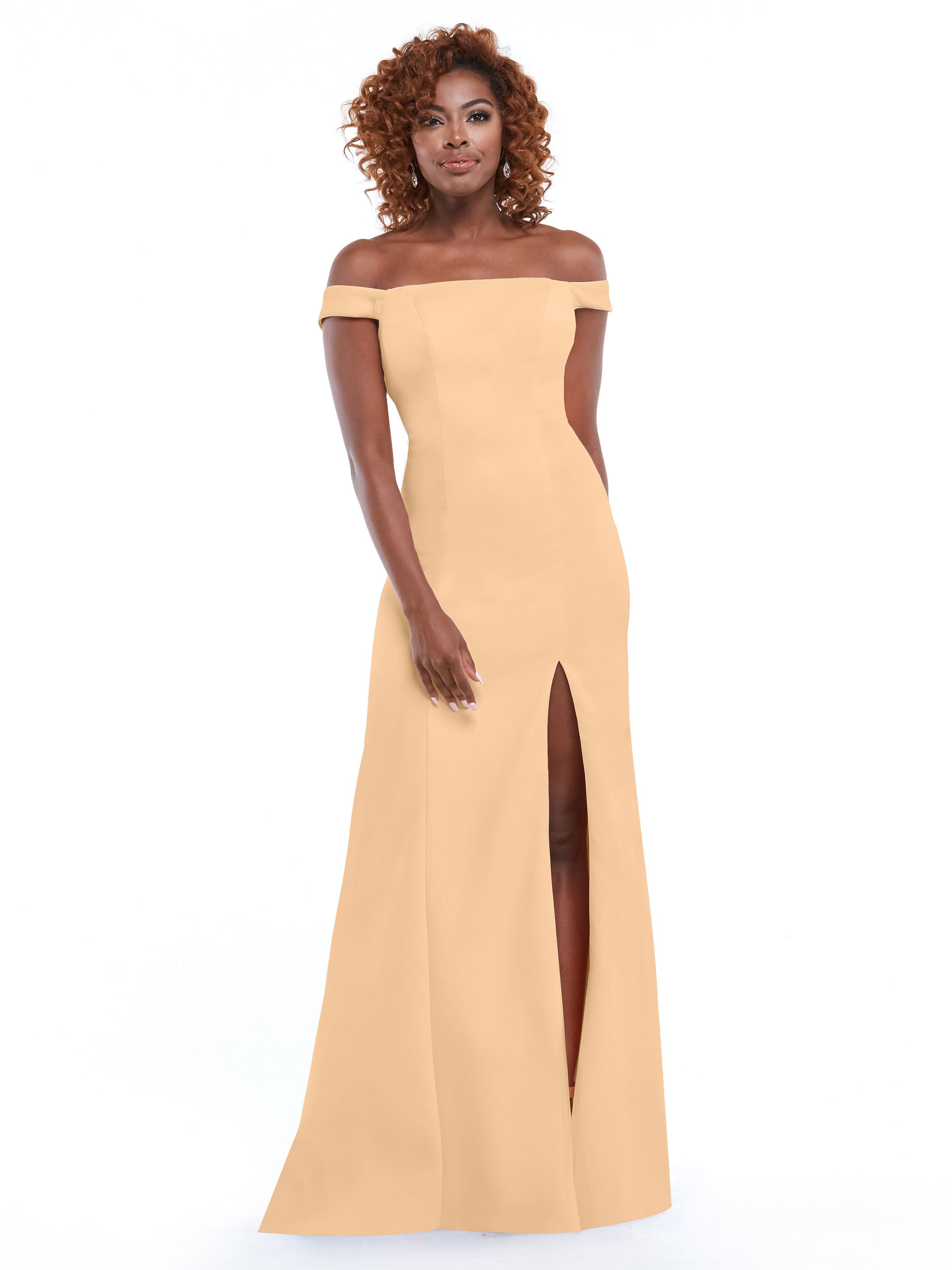 Elegant Off-the-Shoulder Double Knit Bridesmaid Dress with Thigh Slit - Perfect for Weddings, Prom & Formal Events