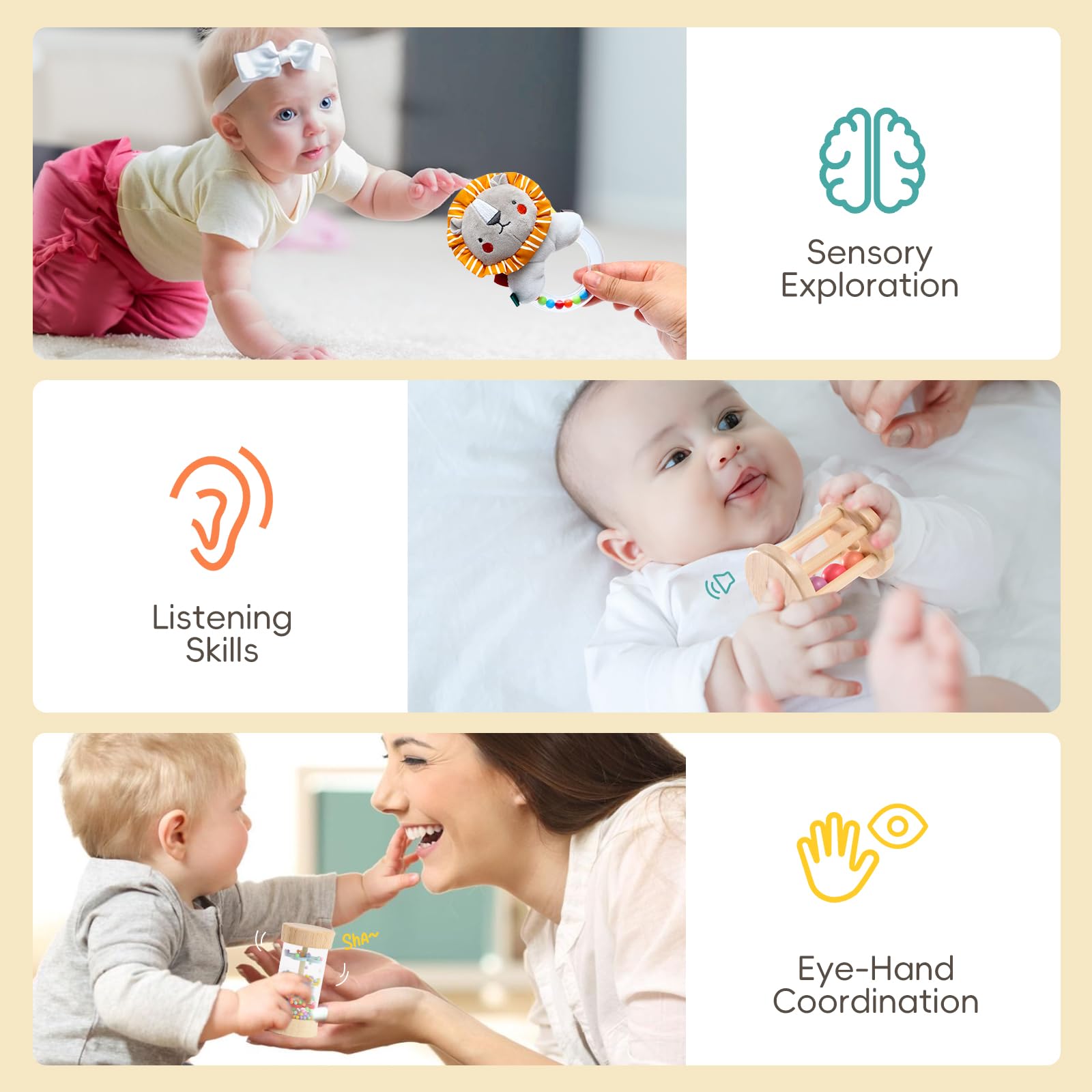 Montessori Wooden Sensory Toys for Babies 0-6 Months - 6-in-1 Educational Learning Set with Spinning Drum, Tissue Box, Rattle & Flashcards - Perfect Baby Shower & Birthday Gift for Boys & Girls - Ideal for Early Childhood Development & Sensory Play