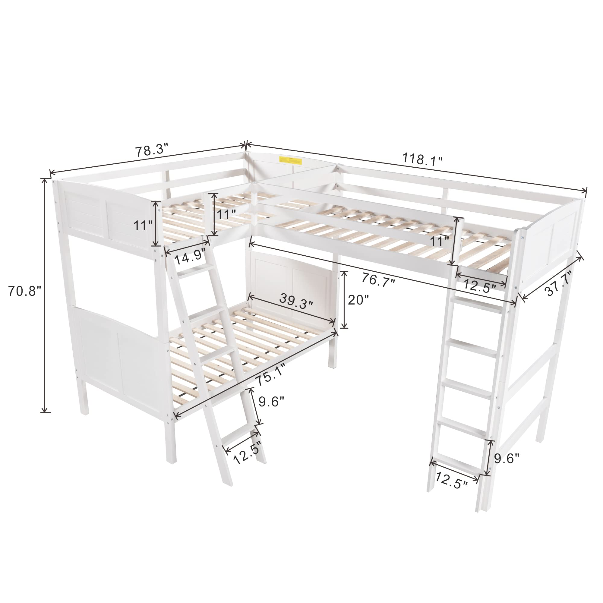 RUNNA Solid Wood L-Shaped Twin Size Triple Bunk Bed with Guardrails & 2 Ladders - No Box Spring Needed (White+TP) - Perfect for Kids' Bedrooms, Dorm Rooms & Space-Saving Home Solutions
