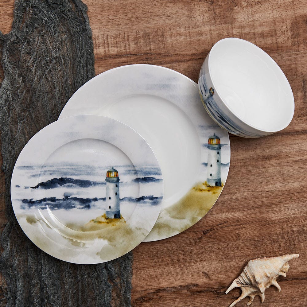 Seaside 12-Piece Dinnerware Set - Service for 4 People - Elegant Porcelain Plates, Bowls & Mugs - Perfect for Beach House, Coastal Dining & Entertaining Guests