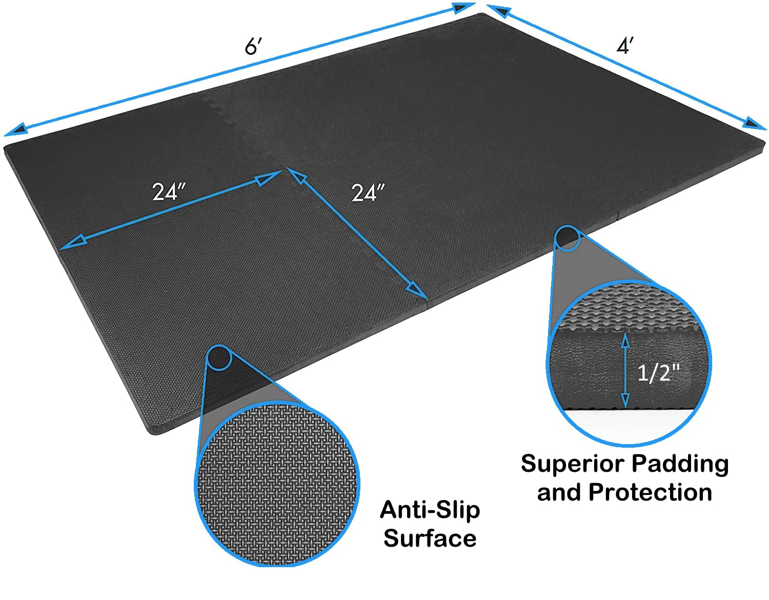 Interlocking EVA Foam Gym Floor Tiles - 6-Piece Puzzle Exercise Mat Set (24'' x 24'') for Home Workouts, Heavy Equipment Protection & Play Areas | Non-Slip Rubber Workout Flooring for Fitness, Garage & Kids Playroom