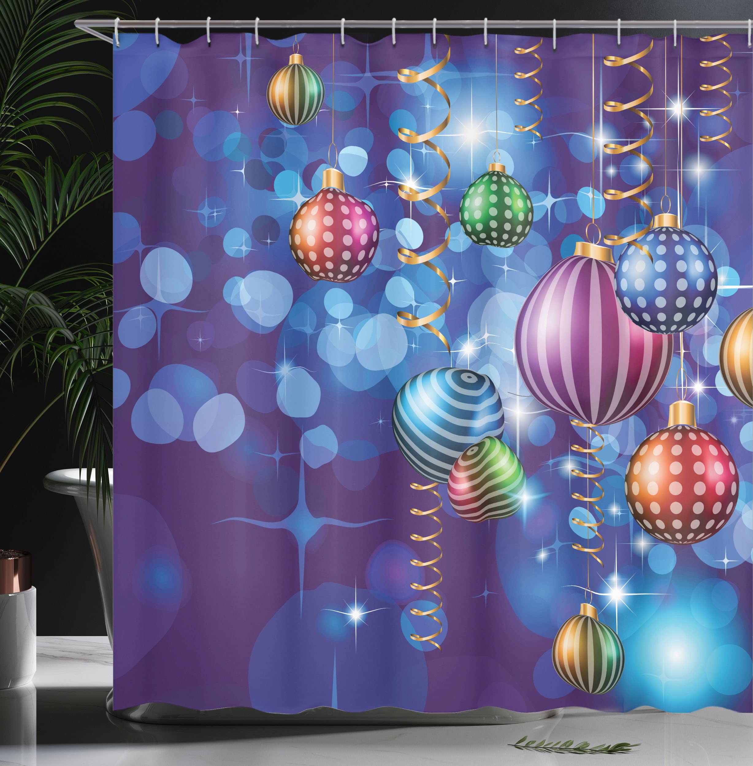 Ambesonne Christmas Shower Curtain - Festive Holiday Bathroom Decor with Swirling Ornaments Print, 69x84 Inch Fabric Set with Hooks - Perfect for Christmas Party Decorations & New Year Celebrations - Ideal for Holiday Home Decor, Gift Giving & Seasonal Bathroom Makeovers