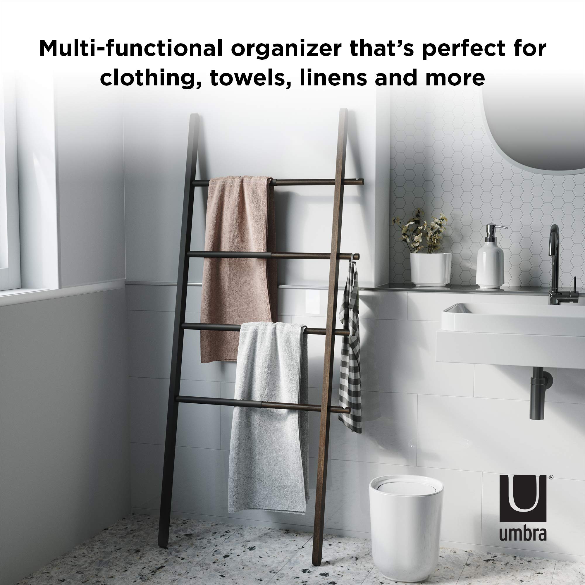 Umbra Hub Ladder - Expandable Freestanding Clothing Rack, Bathroom Towel Holder & Clothes Organizer in Black/Walnut - Perfect for Bedroom, Laundry Room & Small Space Organization