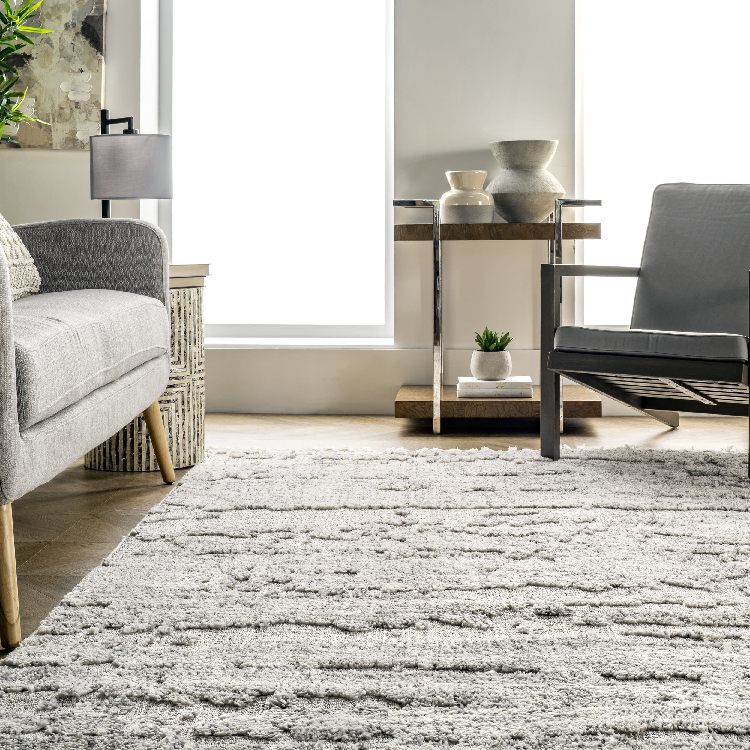 Cloudy Abstract Tasseled Rug - Soft Grey Bohemian Style Area Rug for Living Room, Bedroom or Nursery Decor