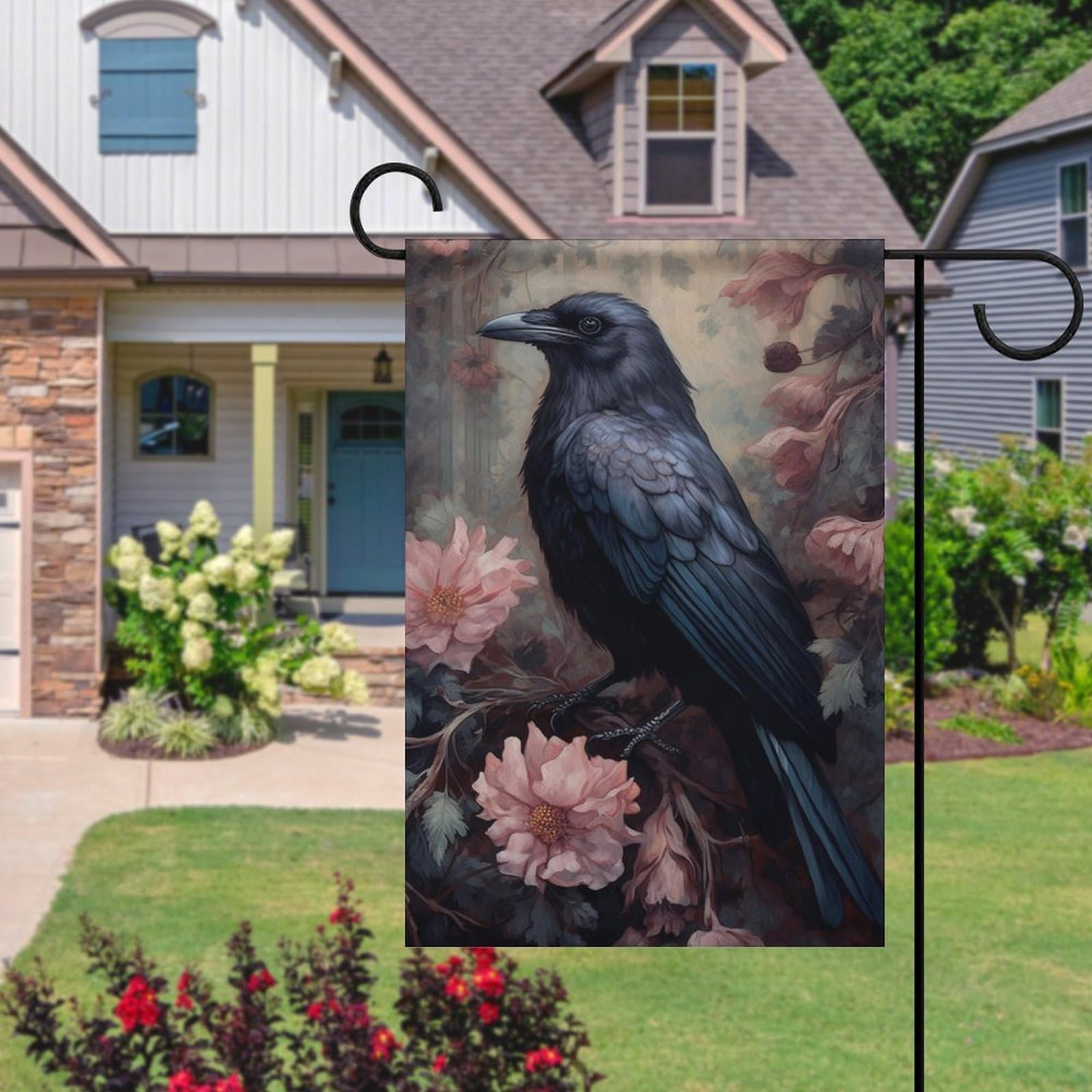 Gothic Halloween Raven Flower Garden Flag - Double Sided Black Crow Yard Flag 12x18 Inch for Outdoor Seasonal Holiday Decoration | Perfect for Front Porch, Lawn, and Home Decor