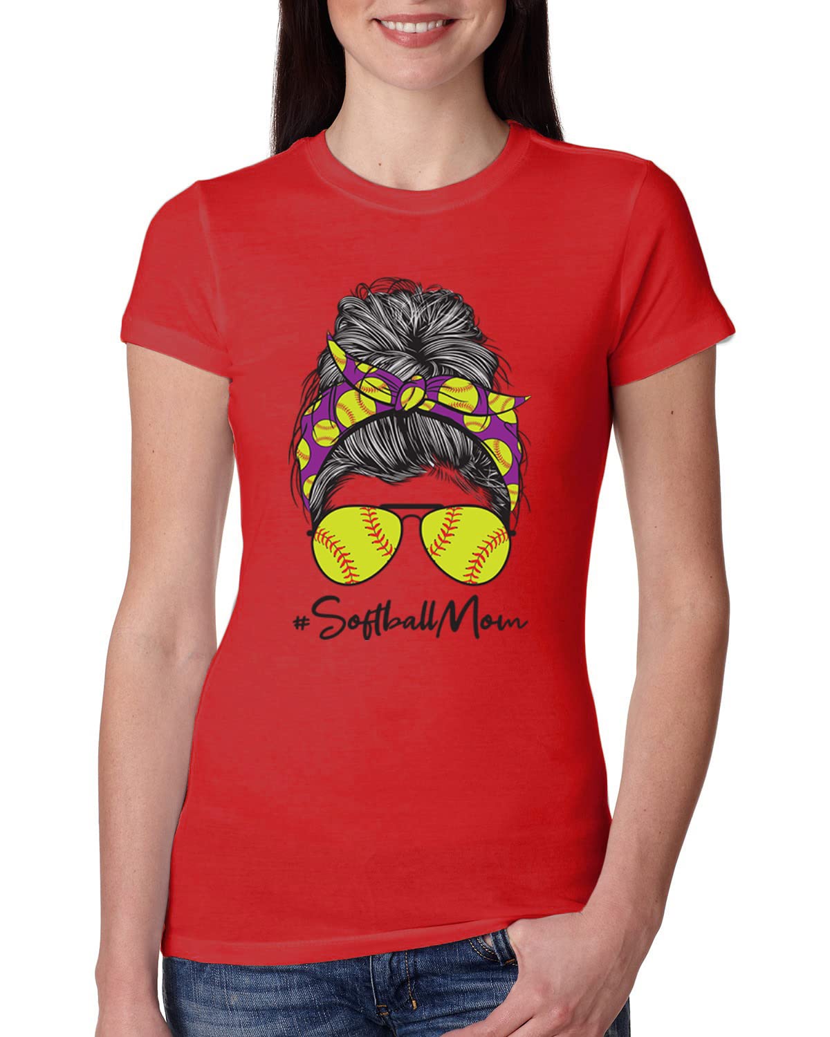 Softball Mom T-Shirt - Messy Bun Game Day Tee for Women | Slim Fit Junior Baseball Mom Shirt - Perfect for Mother's Day, Sports Lovers & Team Spirit Outfits