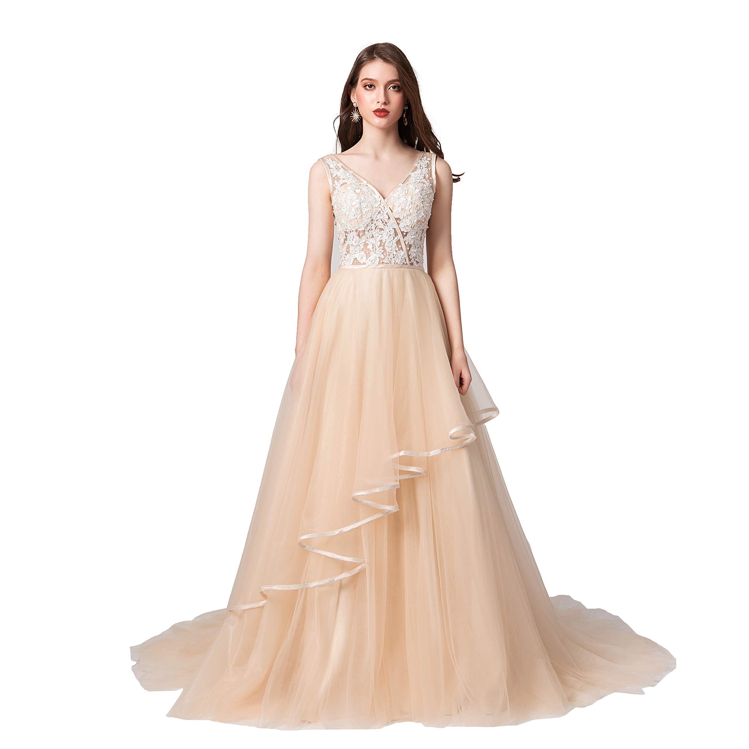 Engerla V-Neck Champagne Wedding Dress with Applique & Pearl Details - A-Line Bridal Gown for Prom, Evening Gala & Formal Occasions