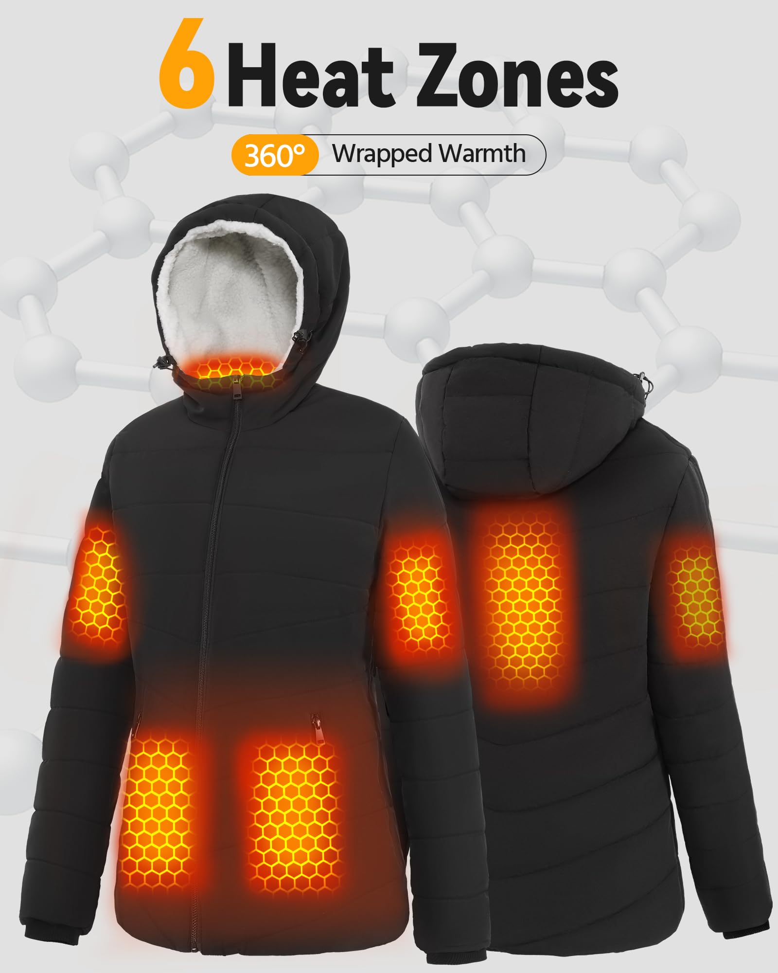 Graphene Heated Jacket for Women - 12V Fast Charging, 18400mAh Large Battery - Winter Warm Coat for Outdoor Activities, Skiing, Camping & Hiking