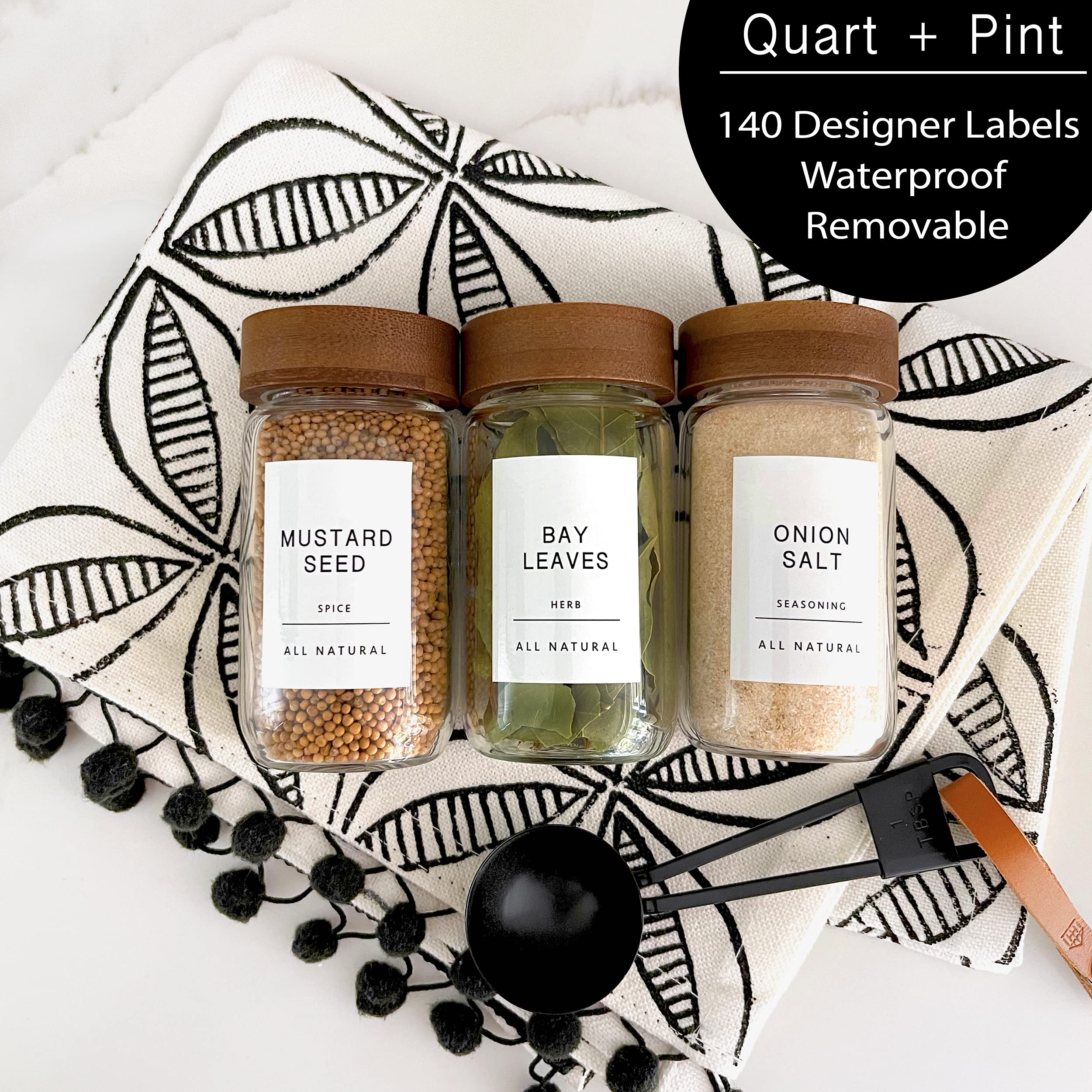 140 Glossy Spice Jar Labels - Quart & Pint Sizes - Minimalist White Stickers with Black Text - Waterproof & Durable - Perfect for Organizing Jars, Bottles, Containers & Bins - Ideal for Kitchen Pantry Storage & Spice Rack Organization - Great for Home, Restaurant & Catering Use