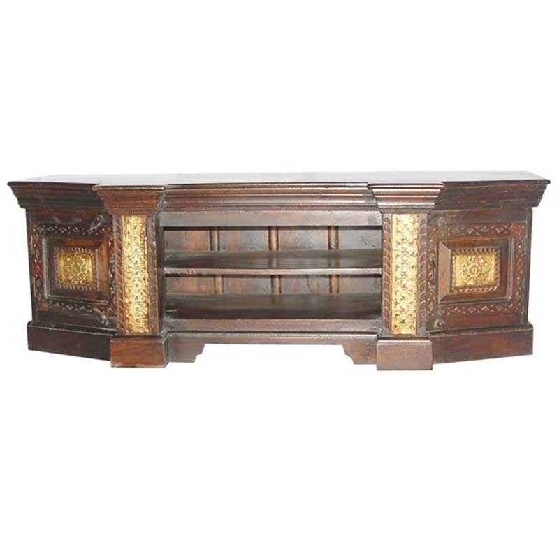 Vintage Embossed Antique Brass Mahogany TV Stand with Brass Finish - Perfect for Living Room, Home Theater & Entertainment Center Decor