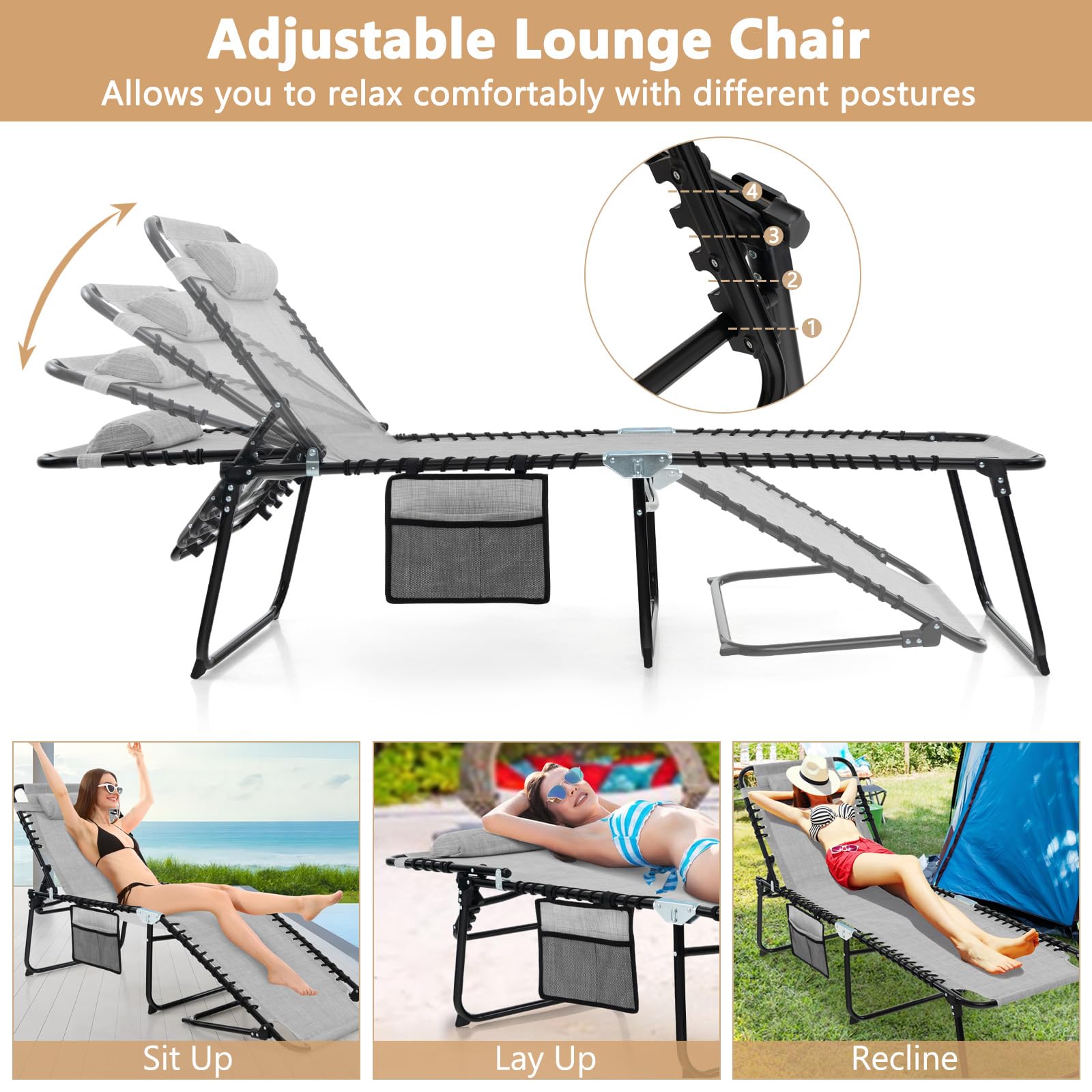 Giantex Folding Patio Lounge Chair with Headrest - 4 Adjustable Positions & Side Pocket - Outdoor Tanning Chaise Lounge for Camping, Pool, Beach, Backyard - Comfortable Sunbathing Chair for Relaxation (Grey)