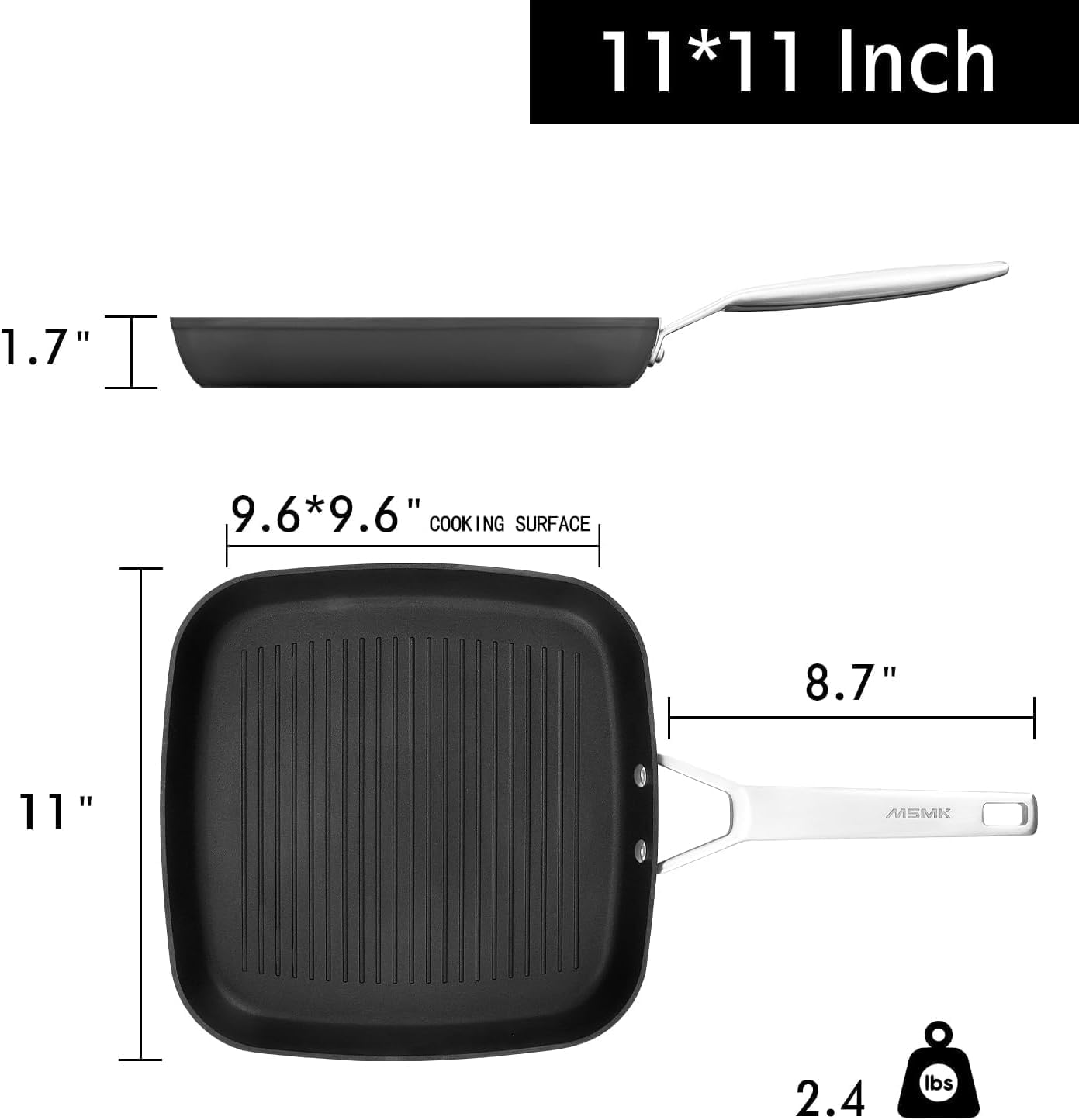 MsMk 11 Inch Nonstick Induction Grill Pan - PFOA Free, Scratch-Resistant & Stay-Cool Handle - Perfect for Bacon, Pancakes & Stovetop Cooking - Ideal for Breakfast, BBQ & Indoor Grilling