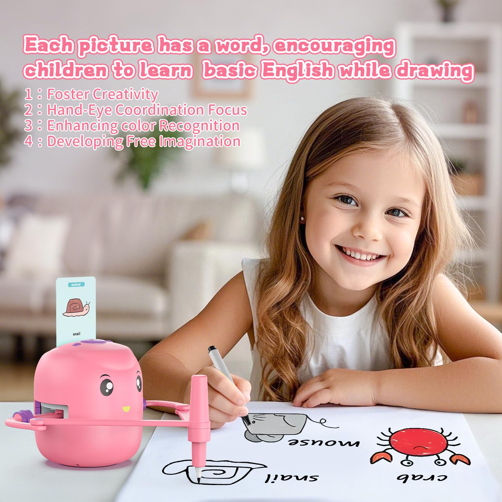 Interactive Educational Drawing Robot for Kids Ages 5+ | Montessori Learning Toy with 100 Word Cards & Voice Interaction | STEM Gift for Boys & Girls | Perfect for Homeschooling, Classroom & Birthday Gifts (Pink)