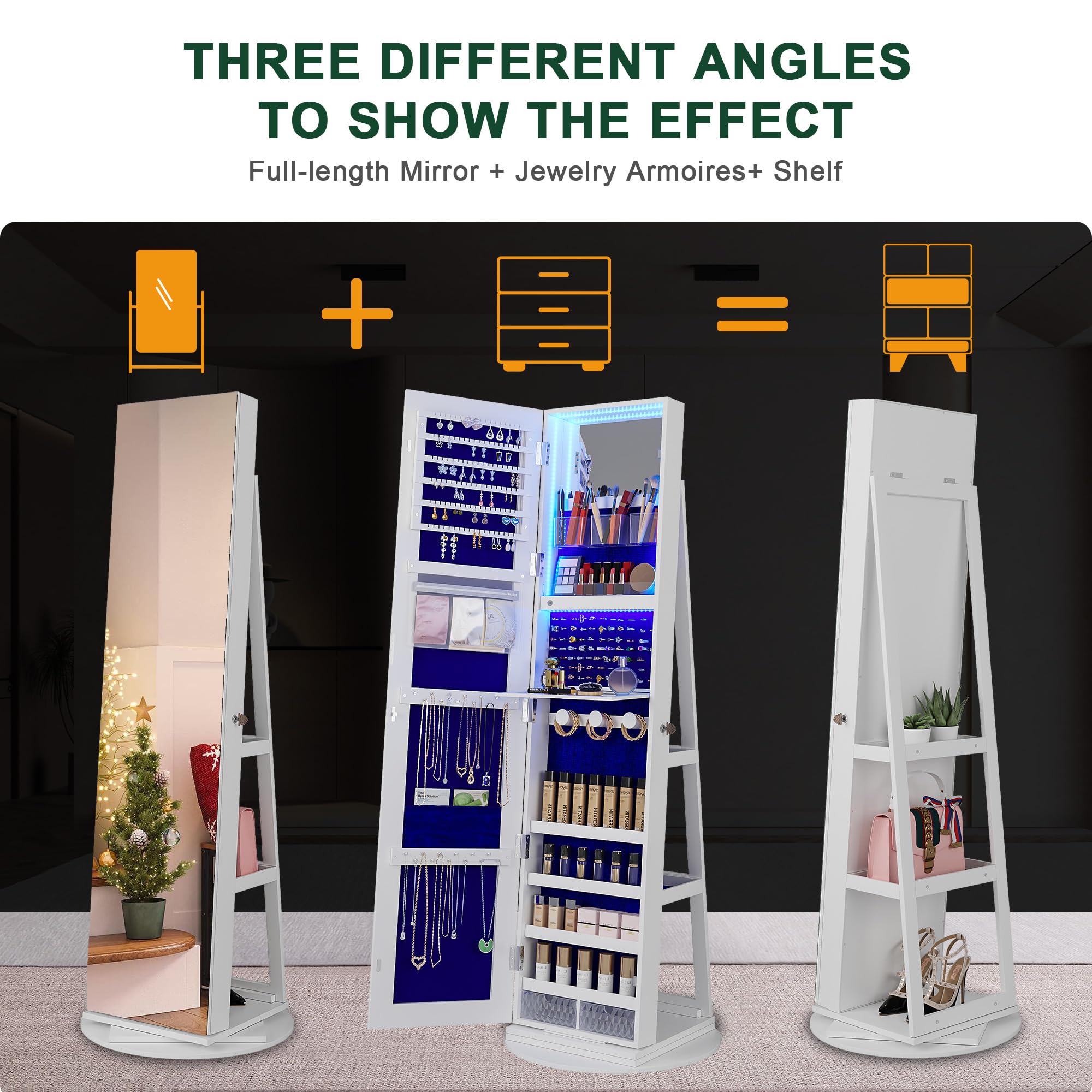 HNEBC 360° Swivel Jewelry Cabinet with LED Lights - Standing Jewelry Armoire Organizer with Rotating Mirror & Full-Length Mirror - White Jewelry Storage for Bedroom, Closet & Dressing Room