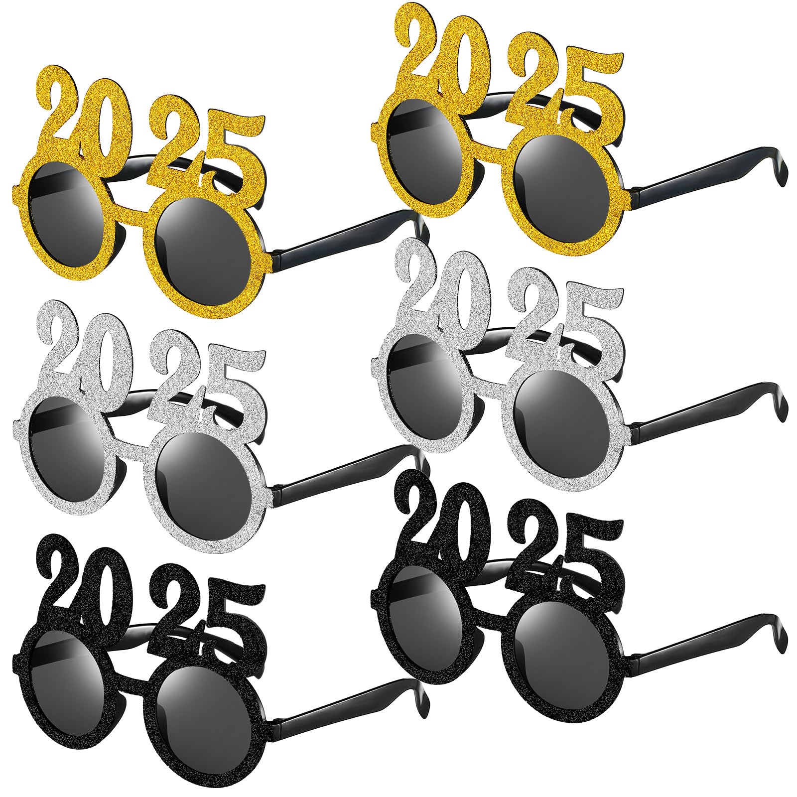 Kanayu 6 Pcs 2025 Happy New Year Glitter Sunglasses - NYE Party Eyewear for New Year's Eve Celebrations & Countdown Parties (Classic Colors) - Perfect for Festive Events, Club Parties, and Photo Booths