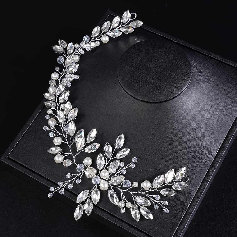 JWICOS Silver Crystal Pearl Wedding Headband for Brides - Elegant Bridal Hair Accessories & Hair Vine for Women and Girls - Perfect for Weddings, Prom, Parties and Special Occasions