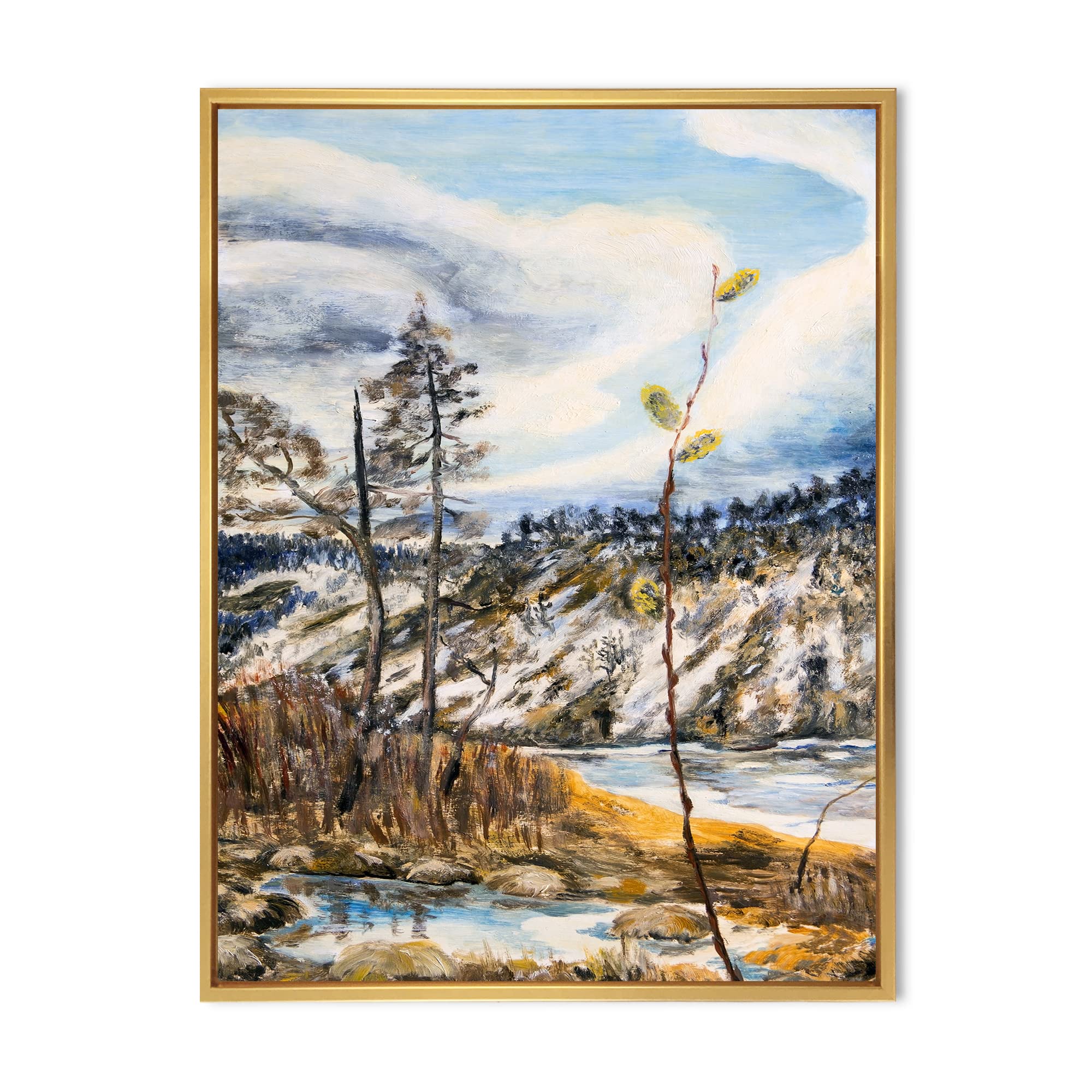 Spring Landscape with Cloudy Sky and River - Lake House Framed Canvas Wall Art Print for Living Room, Bedroom & Office Decor