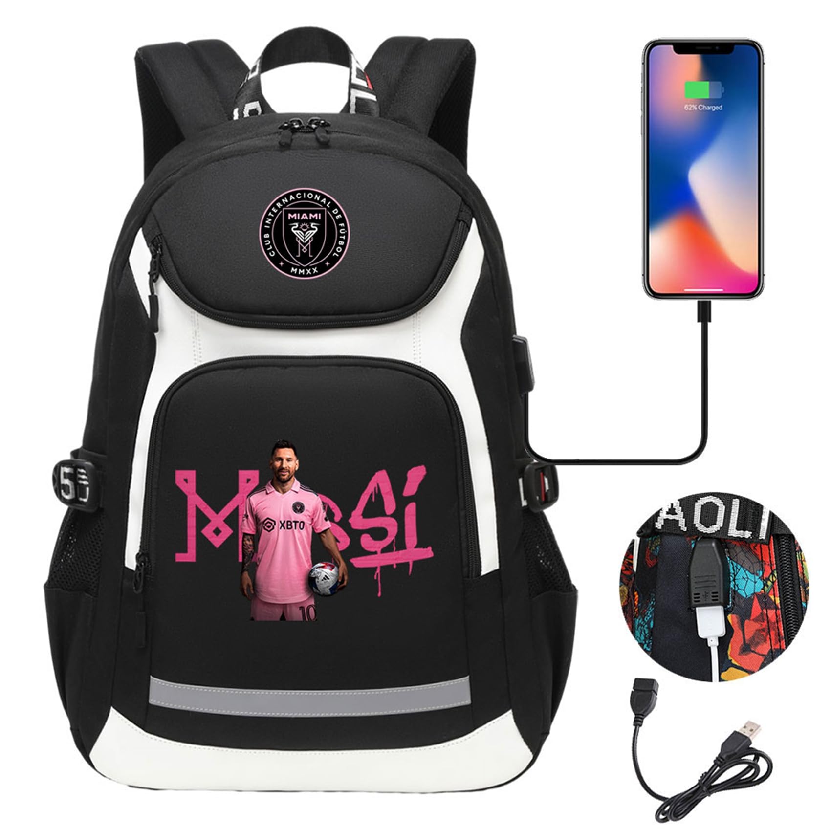 Messi Soccer Stars Backpack for Boys - Lightweight Casual Daypack with USB Charging Port & Headphone Hole - Perfect for School, Travel & Sports Fans