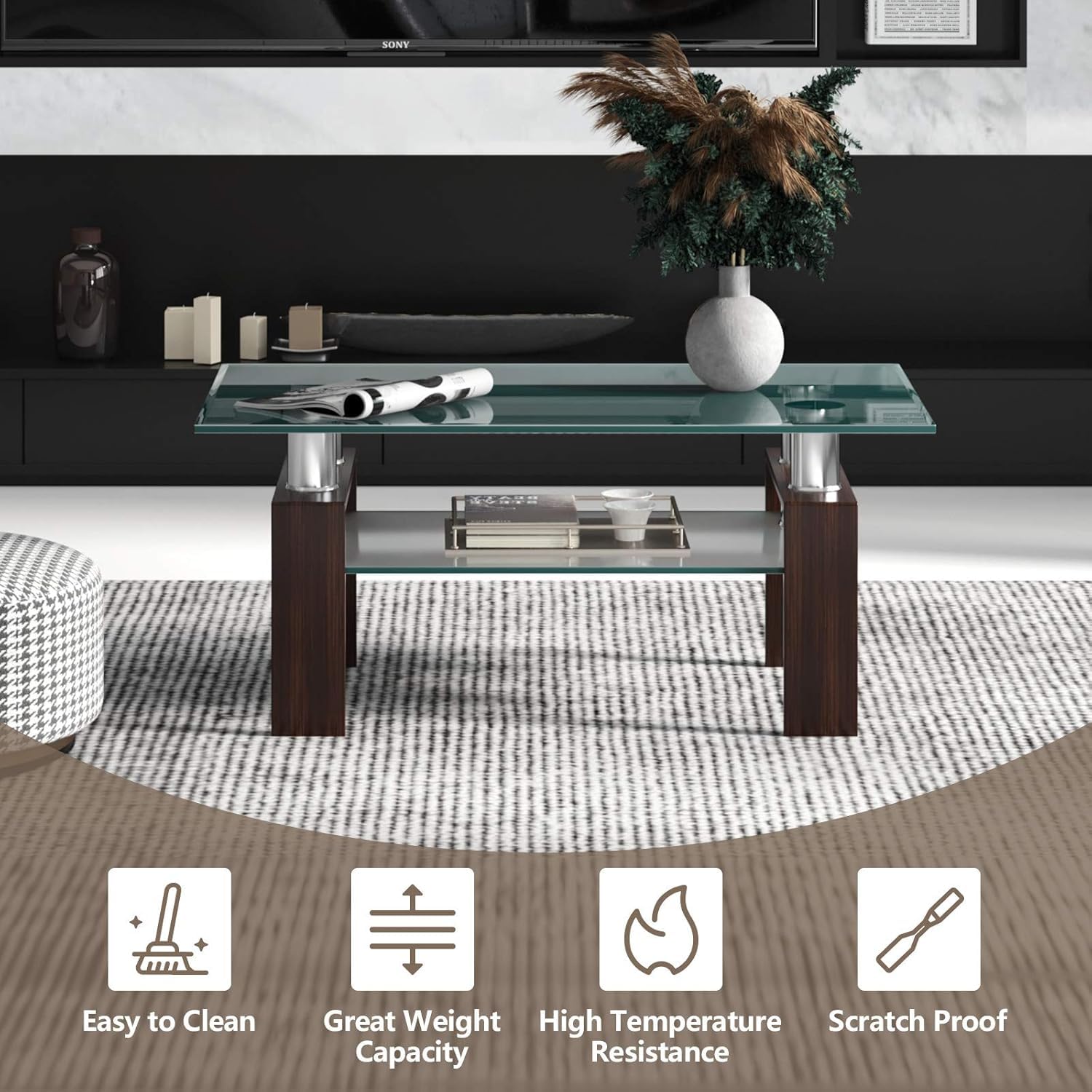 4everwinner Modern 2-Tier Rectangle Glass Coffee Table with Tube Legs & Lower Shelf - Espresso Brown Finish for Living Room, Perfect for Small Spaces, Apartments & Lounge Areas
