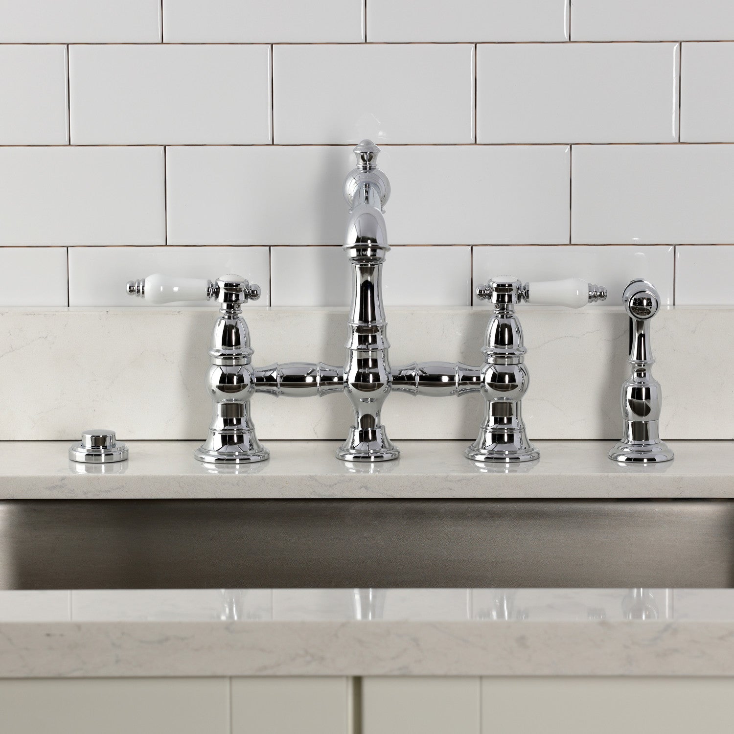 Bel Air KS7271BPLBS Two Handle 4 Hole Deck Mount Bridge Kitchen Faucet with Brass Side Sprayer, Polished Chrome - Perfect for Modern Farmhouse & Industrial Style Kitchens