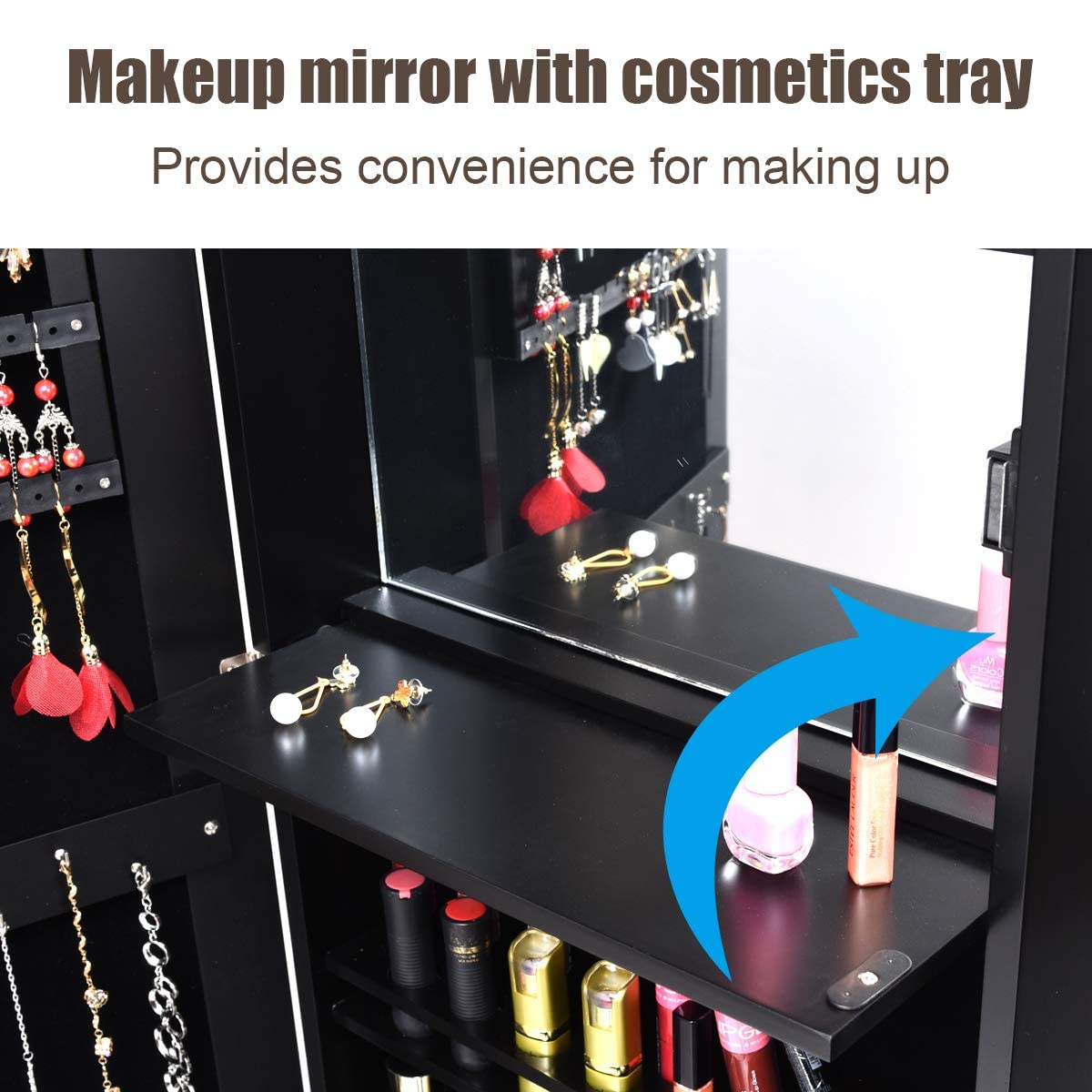 MAT EXPERT 15-LED Jewelry Armoire with Full-Length Mirror - Lockable Wall/Door Mounted Jewelry Cabinet Organizer with LED Lights - Perfect for Bedroom, Dressing Room & Makeup Display (Black)