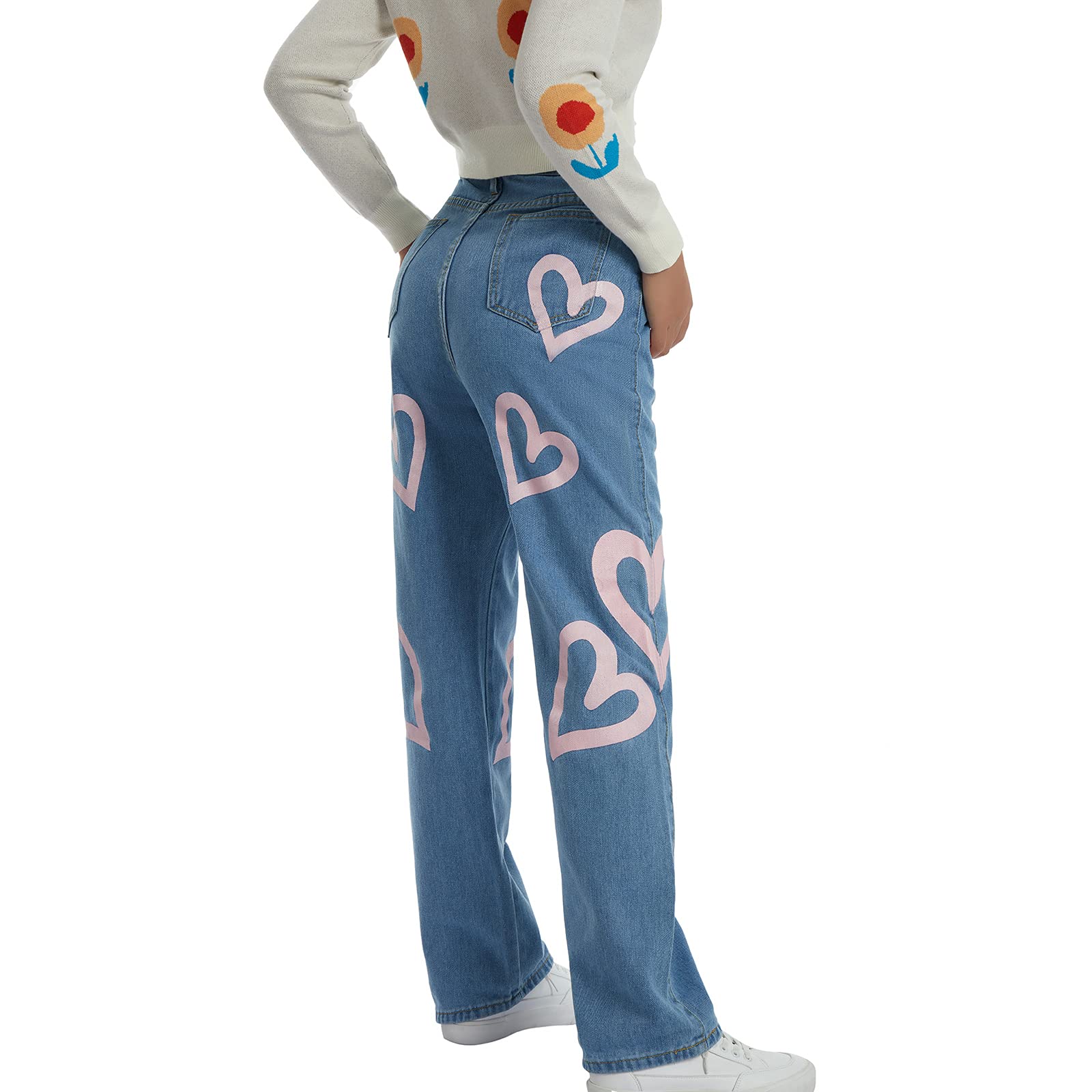 FOMOYUU Women's High Waist Loose Fit Printed Jeans - Y2K Retro Straight Leg Wide Pants for Streetwear & Casual Outfits | Perfect for Daily Wear, Parties, and Fashion Street Style