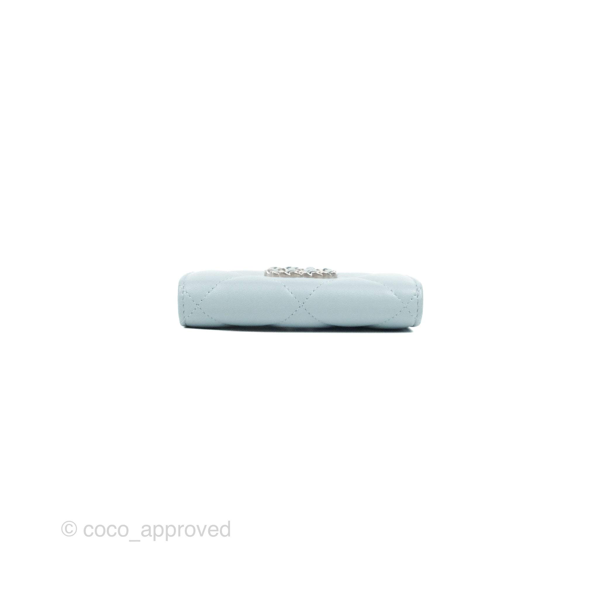 Chanel 19 Quilted Flap Card Holder in Light Blue Lambskin - Luxury Compact Wallet for Everyday Use & Travel Essentials