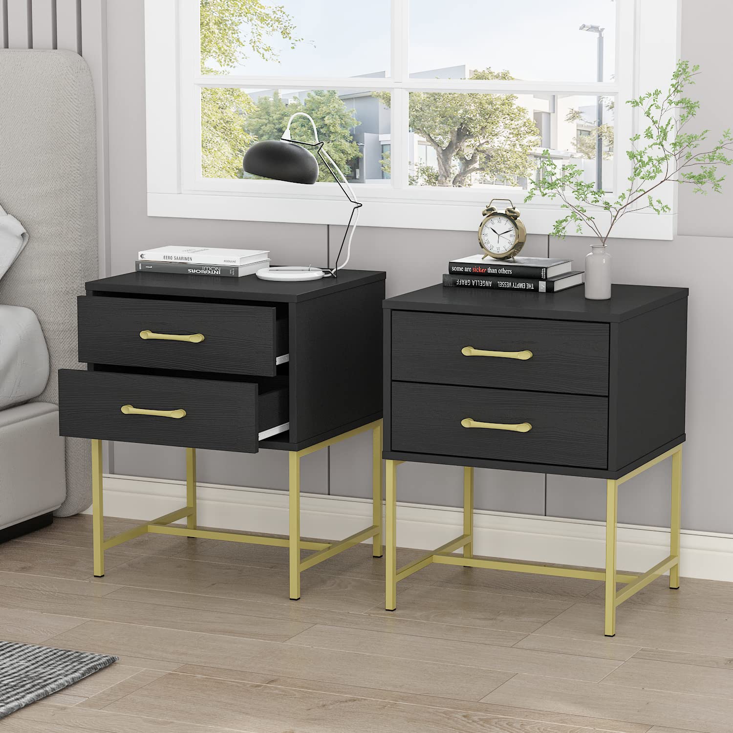 AIEGLE 2-Piece Black Nightstand Set with 2 Drawers - Wooden End Tables with Gold Metal Legs for Bedroom & Living Room (17.7