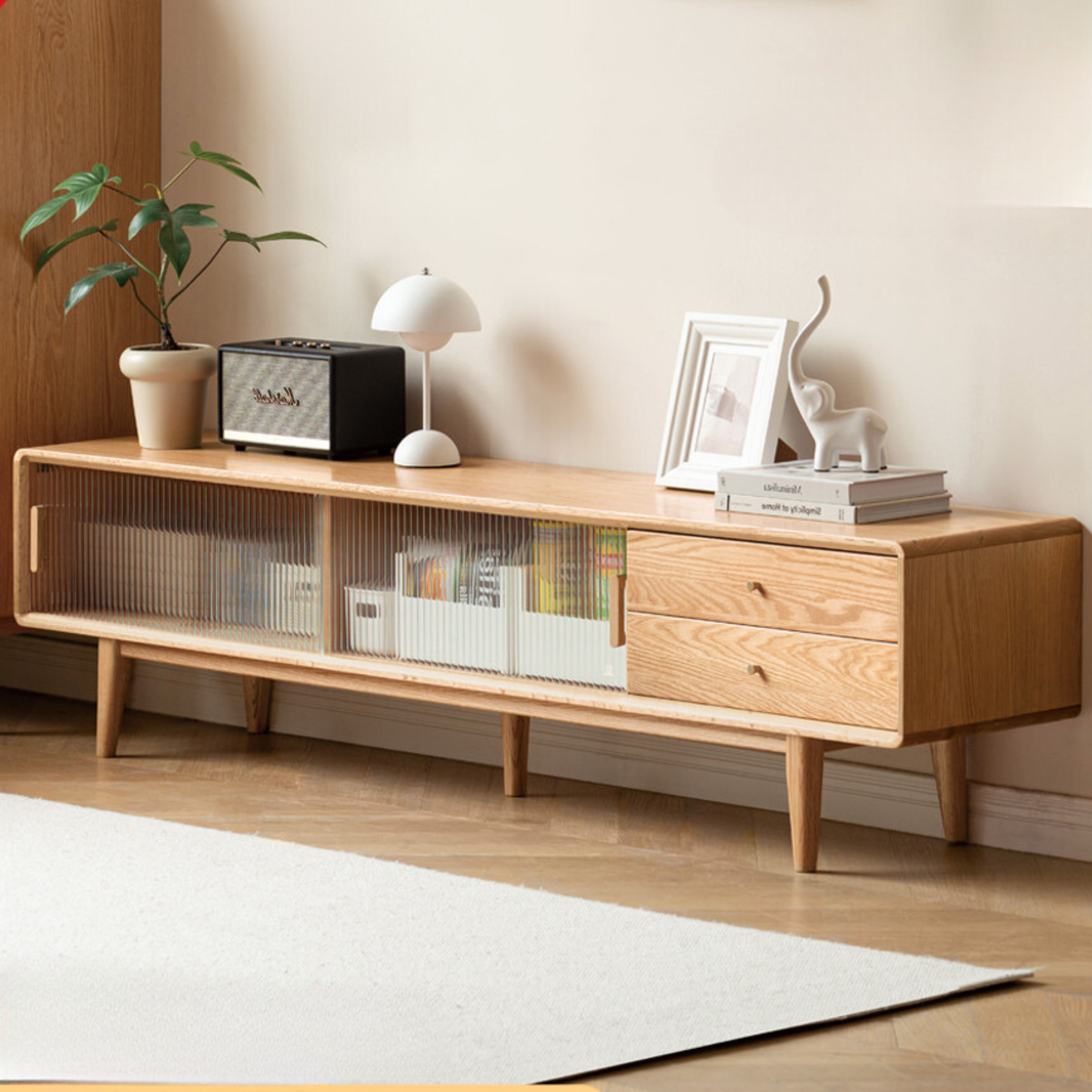 Solid Oak & Beech Wood TV Stand with Storage Shelf - Modern Entertainment Center for Living Room, Bedroom, Home Theater Setup
